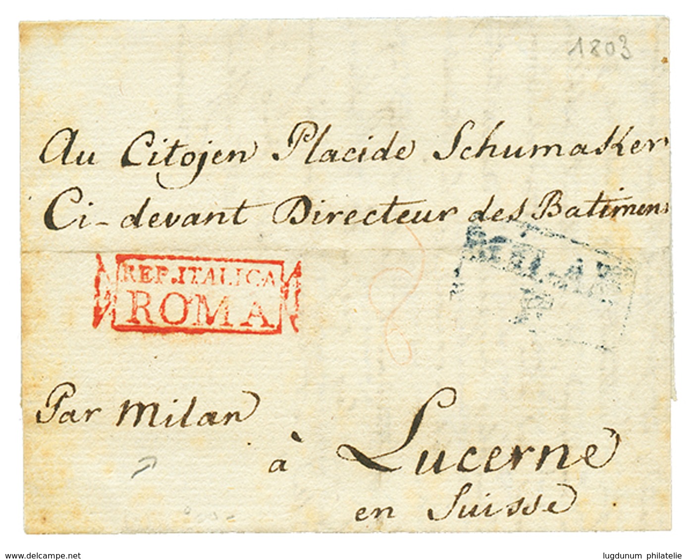 1154 1803 REP. ITALICA/ROMA Red + MILAN/F. Blue On Entire Letter From ROMA To LUCERNE(SWITZERLAND). Vvf. - Non Classés