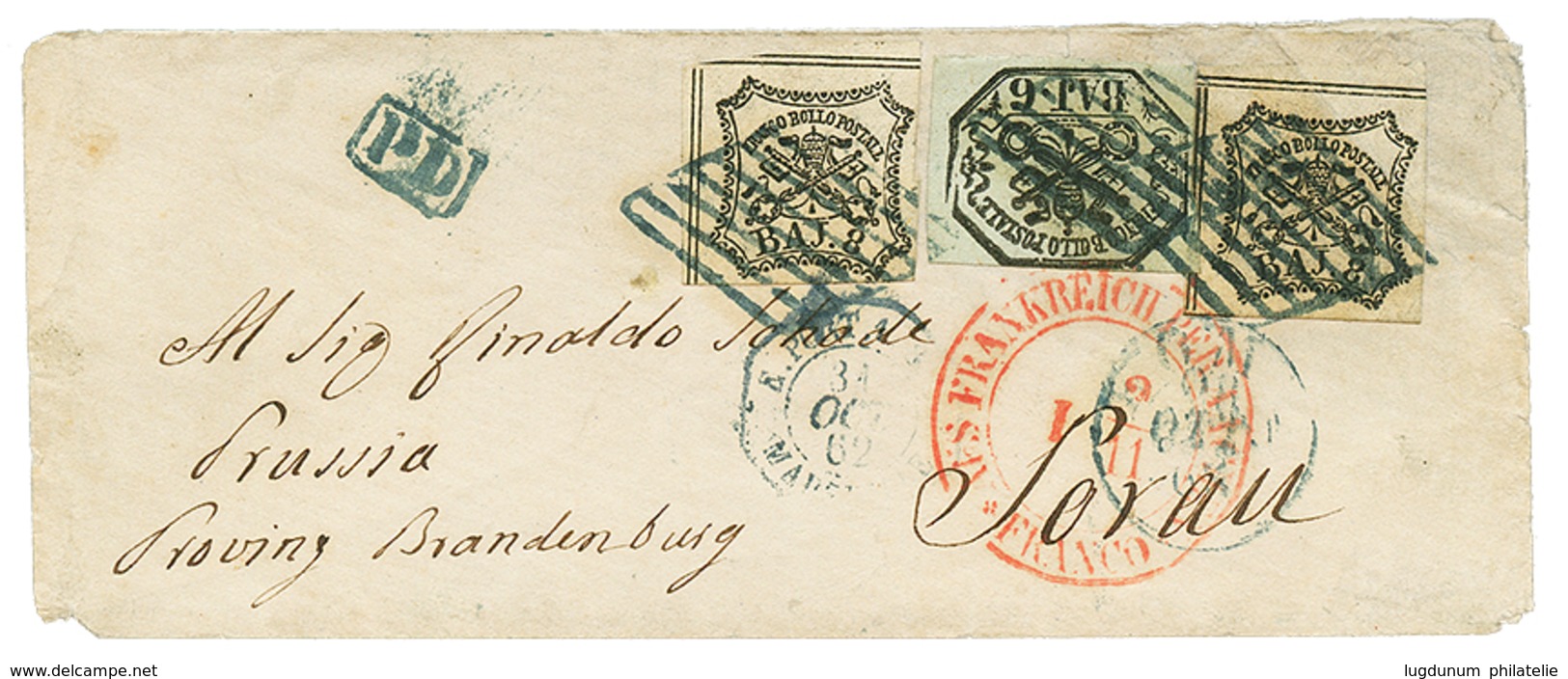 1157 PAPAL STATES : 1862 6b + 8b(x2) On Envelope From ROMA To SORAU (PRUSSIA). Vf. - Unclassified