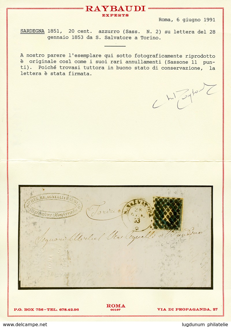 1159 SARDINIA : 1853 20cjust Touched At Base) Canc. ROMBI + S.SALVATORE On Entire Letter To TORINO. RARE (Sassone = 9500 - Unclassified