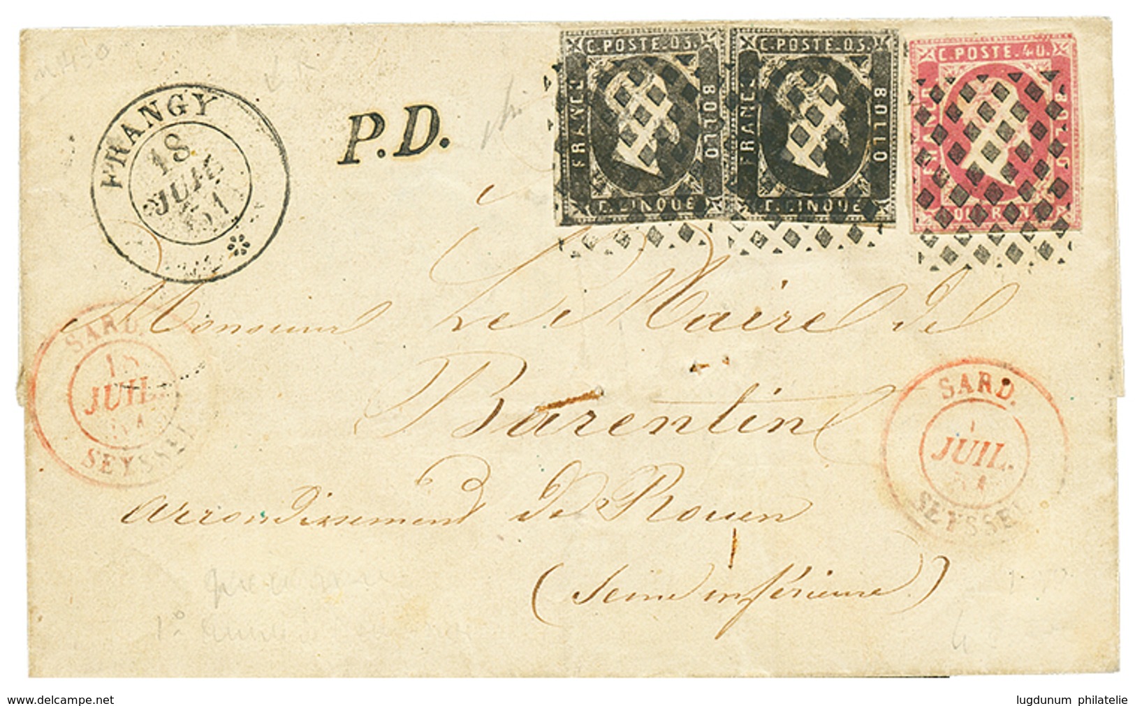1160 SARDINIA 1851 5c(n°1d) + 5c(n°1b) + 40c(n°3) Canc. ROMBI + FRANGY On Cover To FRANCE. Stamps With Margins Just Touc - Unclassified