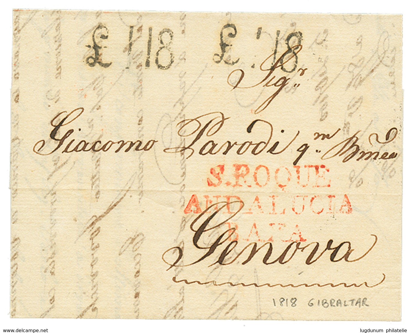 1166 1818 "£ 1.18" Tax Marking On Entire Letter From GIBRALTAR To GENOVA. Vvf. - Non Classés