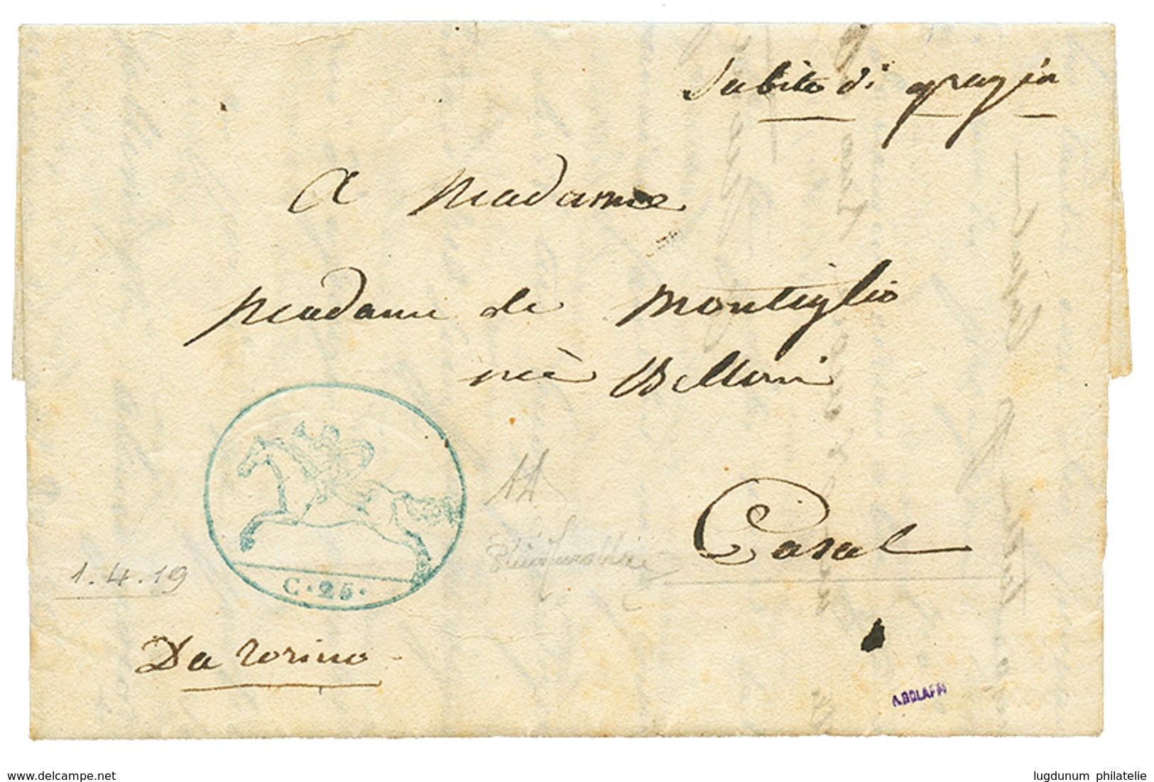 1167 SARDINIA - CAVALINI : 1819 25c(n°2) On Entire Letter From TORINO To CASAL. RARE. Superb. - Unclassified