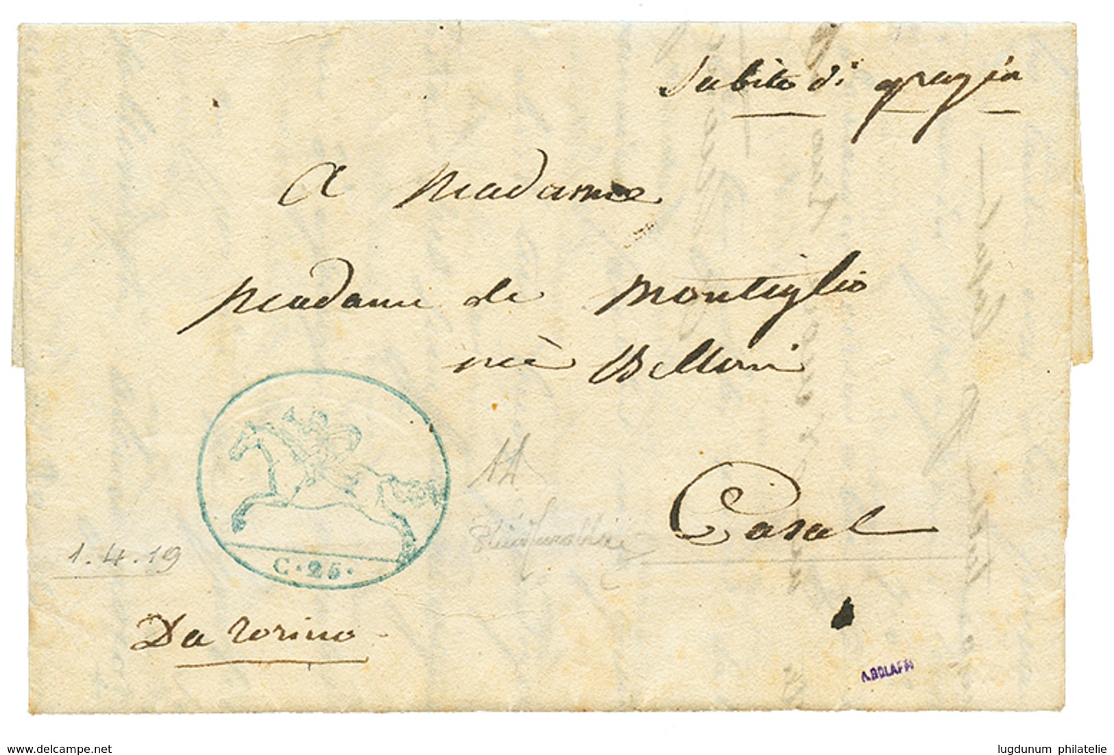 1167 SARDINIA - CAVALINI : 1819 25c(n°2) On Entire Letter From TORINO To CASAL. RARE. Superb. - Non Classés