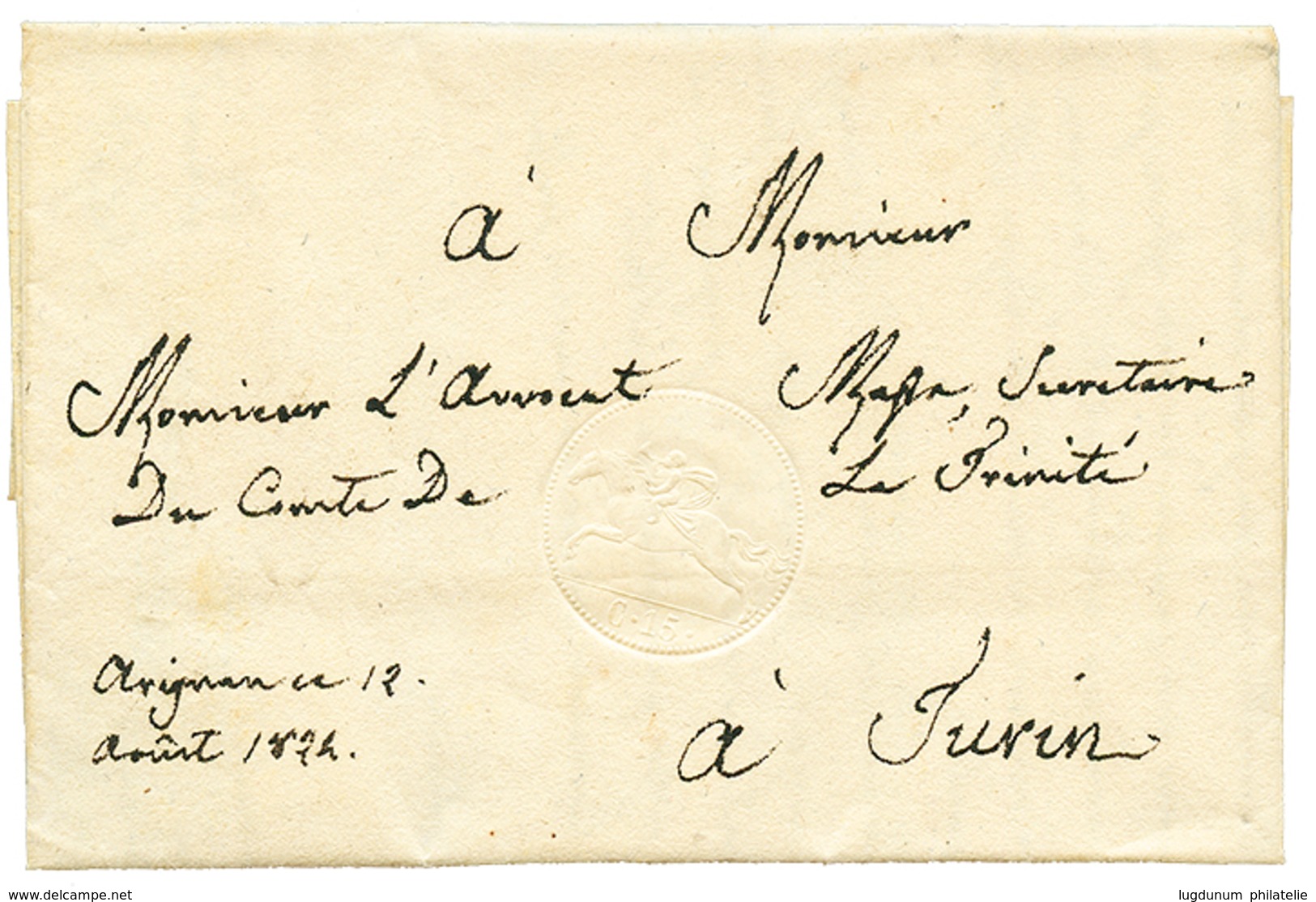 1169 SARDINIA - CAVALINI : 1824 15c(n°4) On Entire Letter(light Crease) From AVIGNANO To TORINO. Vvf. - Unclassified