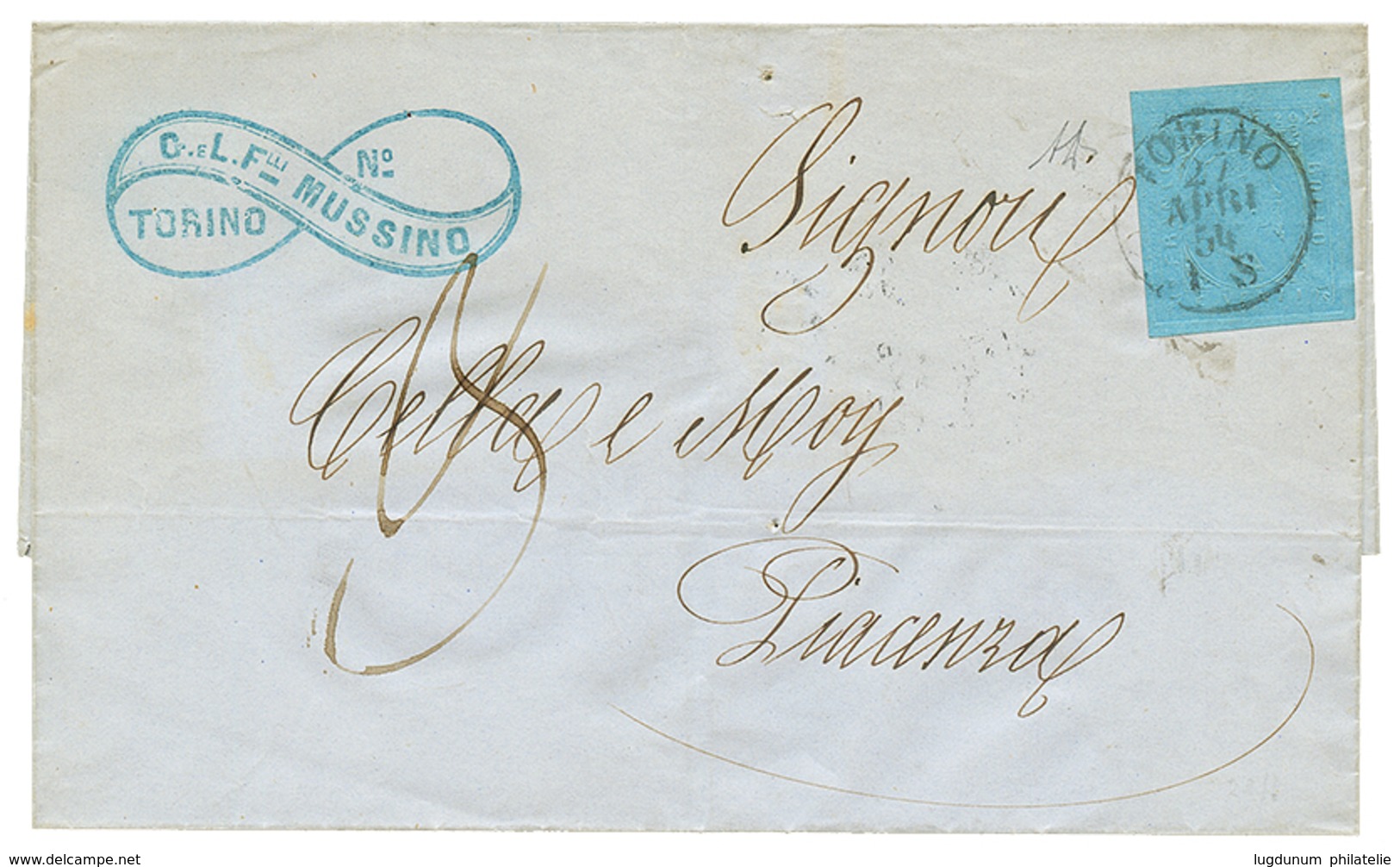 1173 SARDINIA : 1854 20c With Large Margins Canc. TORINO + "3" Tax Marking On Cover To PIACENZA. Superb. - Unclassified