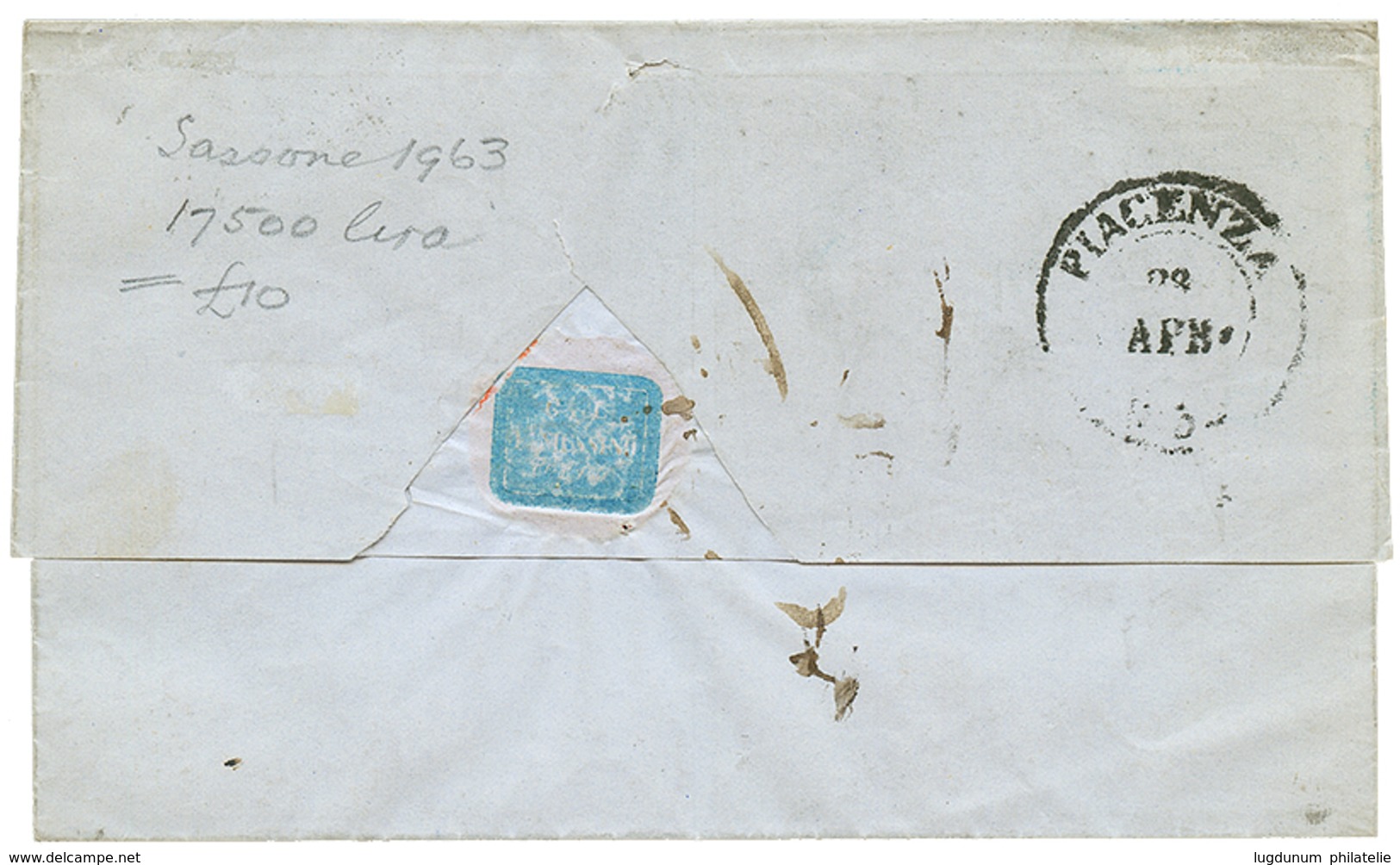 1173 SARDINIA : 1854 20c With Large Margins Canc. TORINO + "3" Tax Marking On Cover To PIACENZA. Superb. - Unclassified
