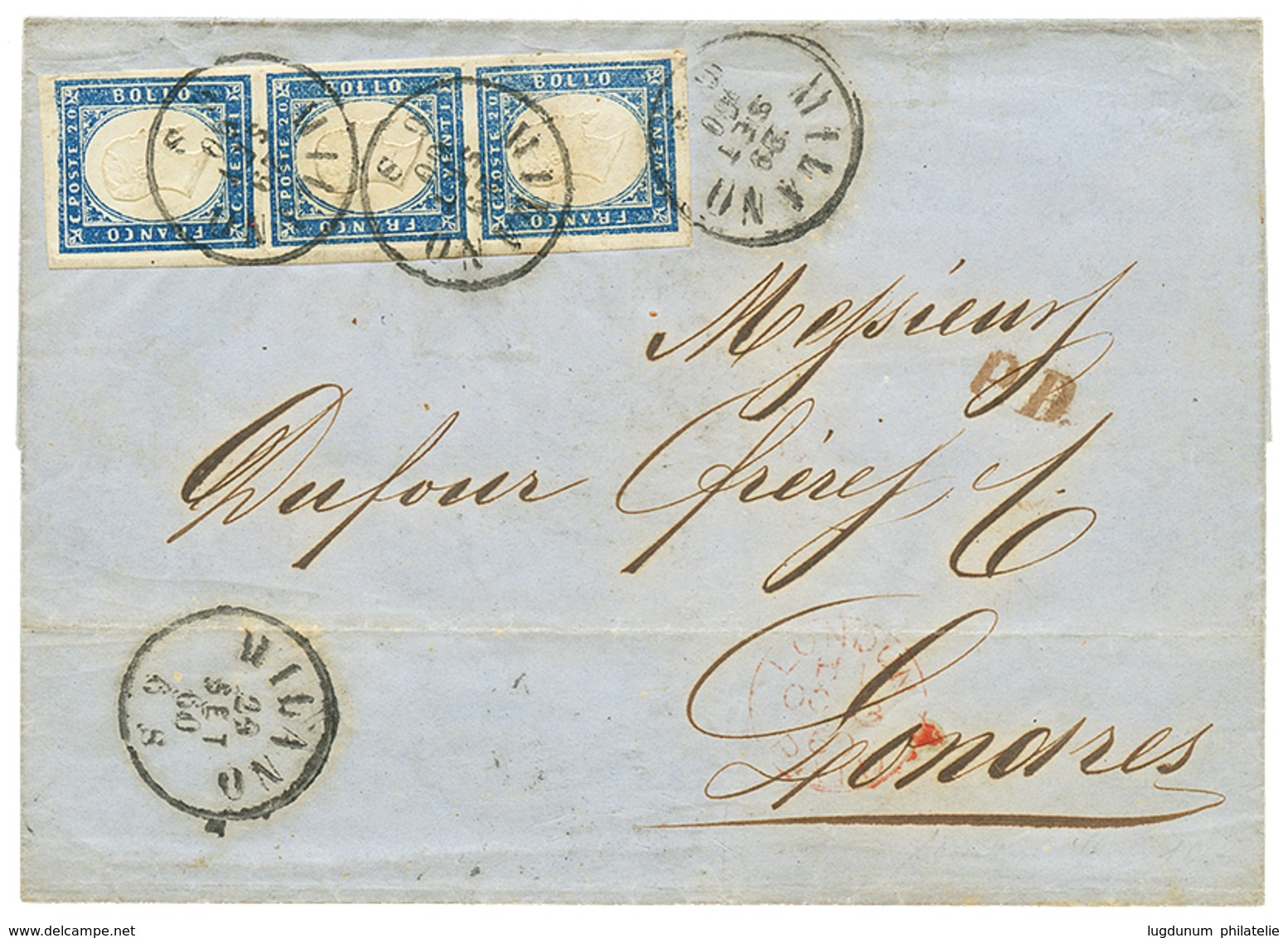 1174 SARDINIA : 1860 20c Strip Of 3 With Large Margins Canc. MILANO On Cover To ENGLAND. Superb. - Unclassified