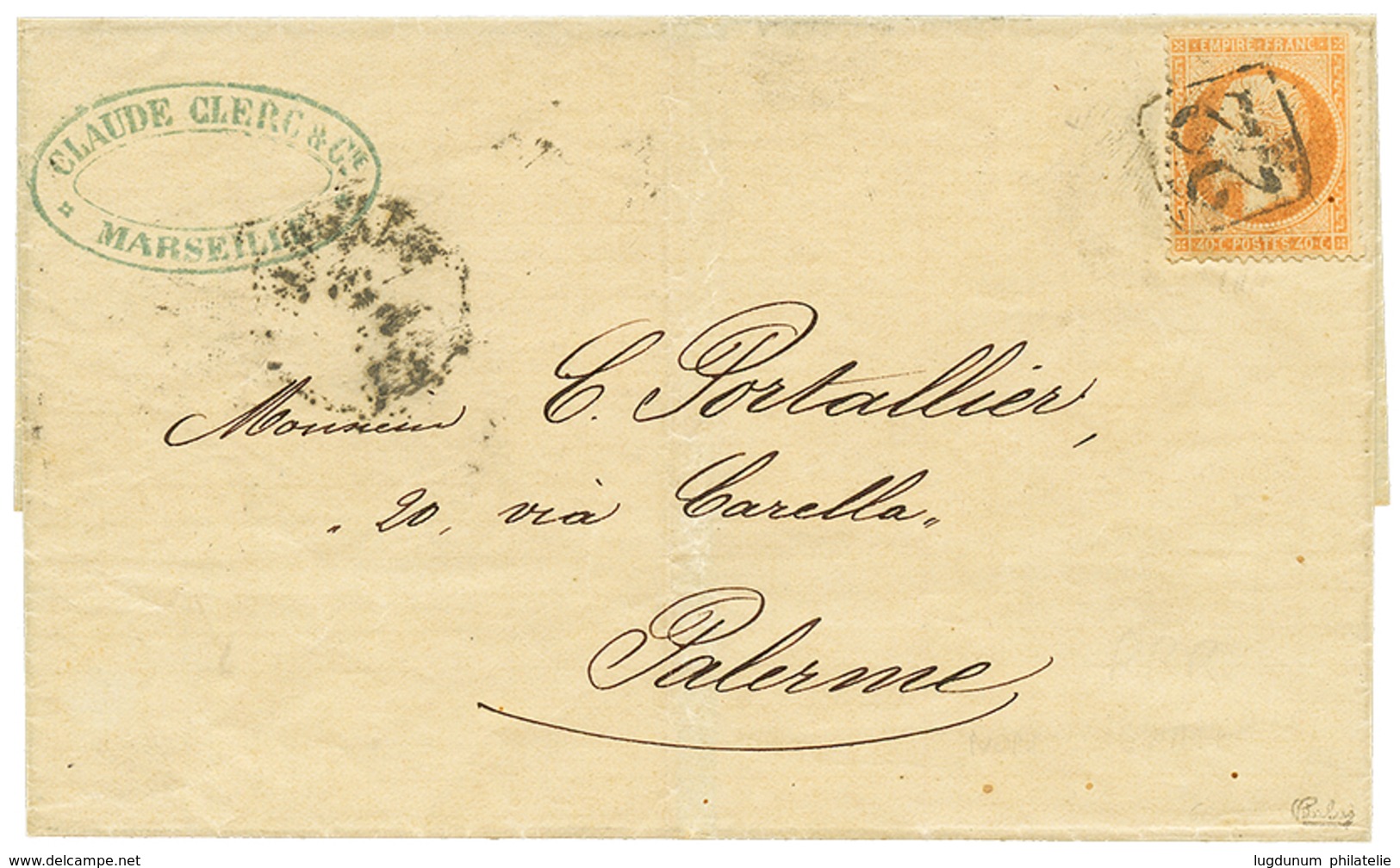 1178 1868 FRANCE 40c Canc. Boxed Cachet "22" On Cover From MARSEILLE To PALERMO ( SICILY ). Signed CALVES. GREAT RARITY. - Non Classés