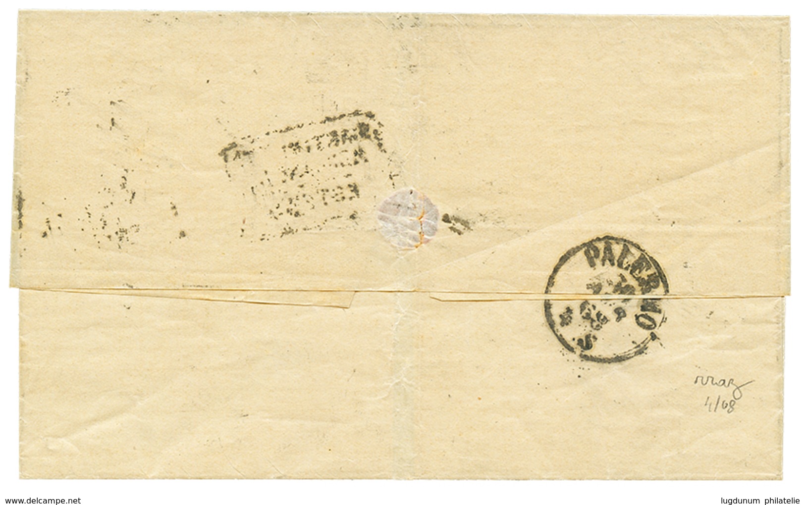 1178 1868 FRANCE 40c Canc. Boxed Cachet "22" On Cover From MARSEILLE To PALERMO ( SICILY ). Signed CALVES. GREAT RARITY. - Ohne Zuordnung