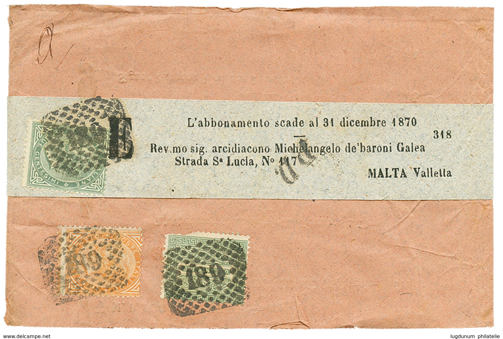 1181 "PRINTED MATTER Rate To MALATA" : 1870 1c(fault) + 5c + 10c Canc. 189 On Complete PRINTED MATTER To MALTA. Scarce.  - Non Classés
