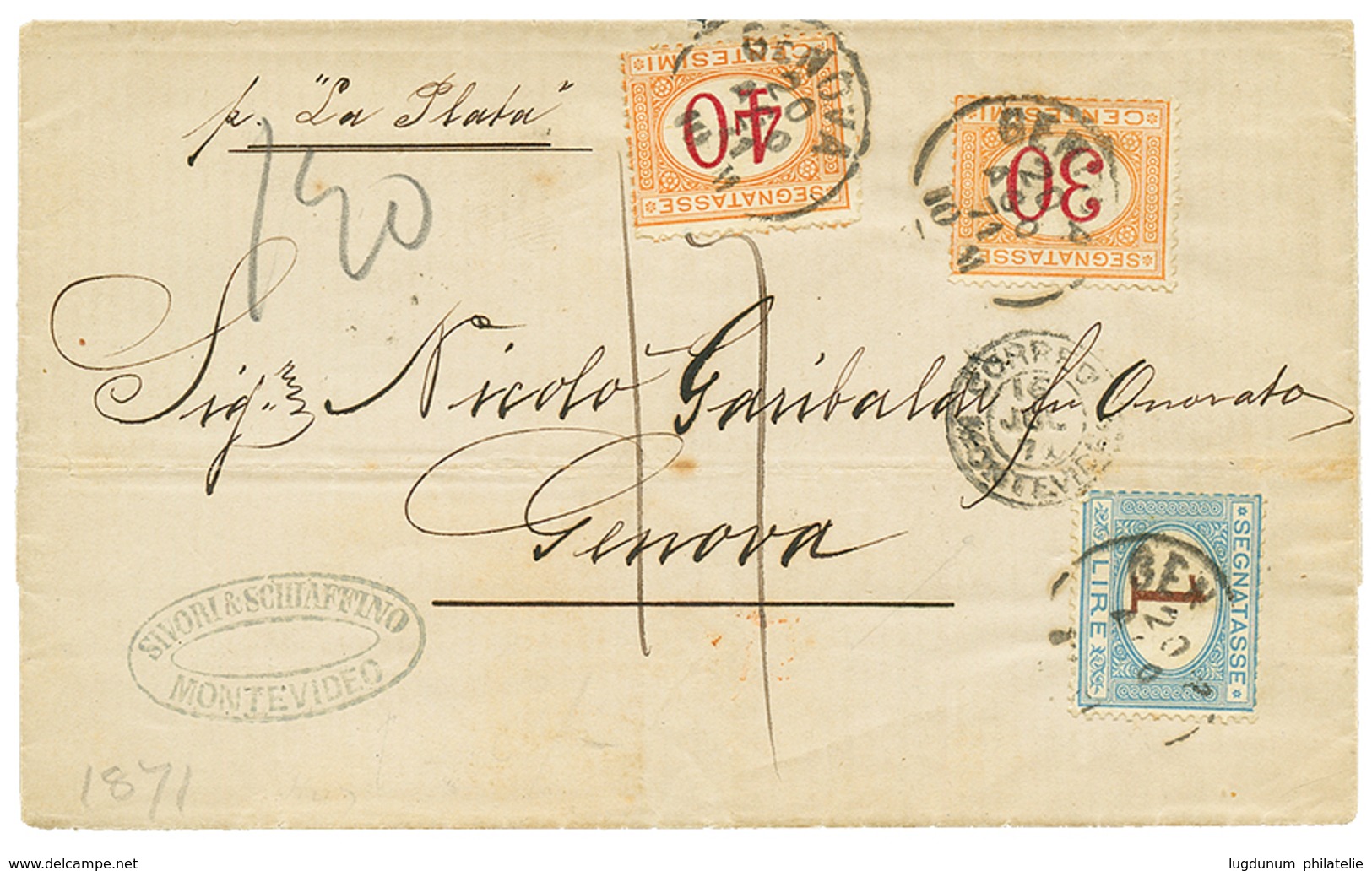 1182 1871 ITALY POSTAGE DUES 1L + 30c+ 40c Canc. GENOVA On Cover From MONTEVIDEO ( URUGUAY ). Vvf. - Unclassified