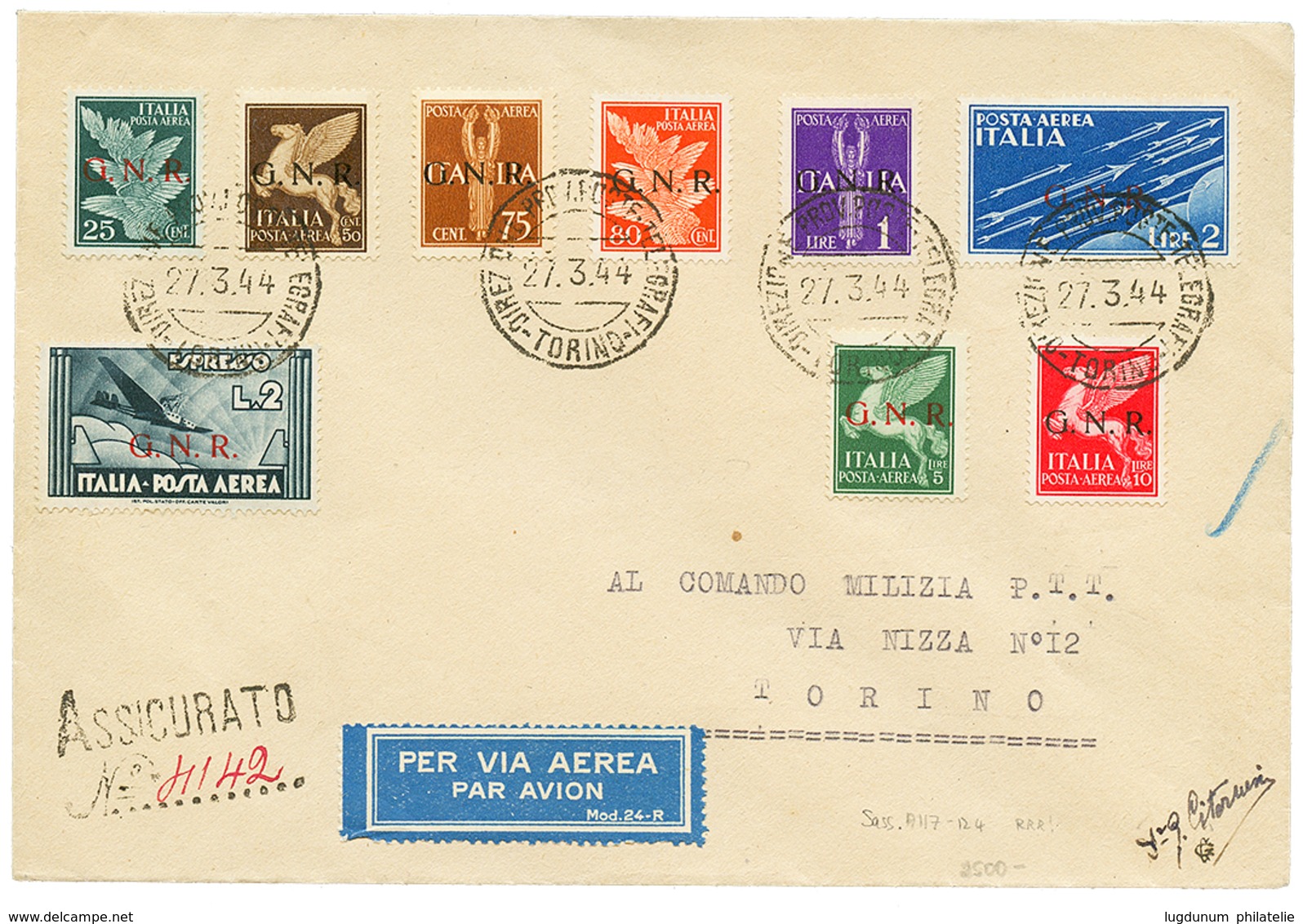 1186 G.N.R : 1944 5c To 2L Overprint G.N.R On REGISTERED AIRMAIL Envelope From TORINO. Vvf. - Non Classés
