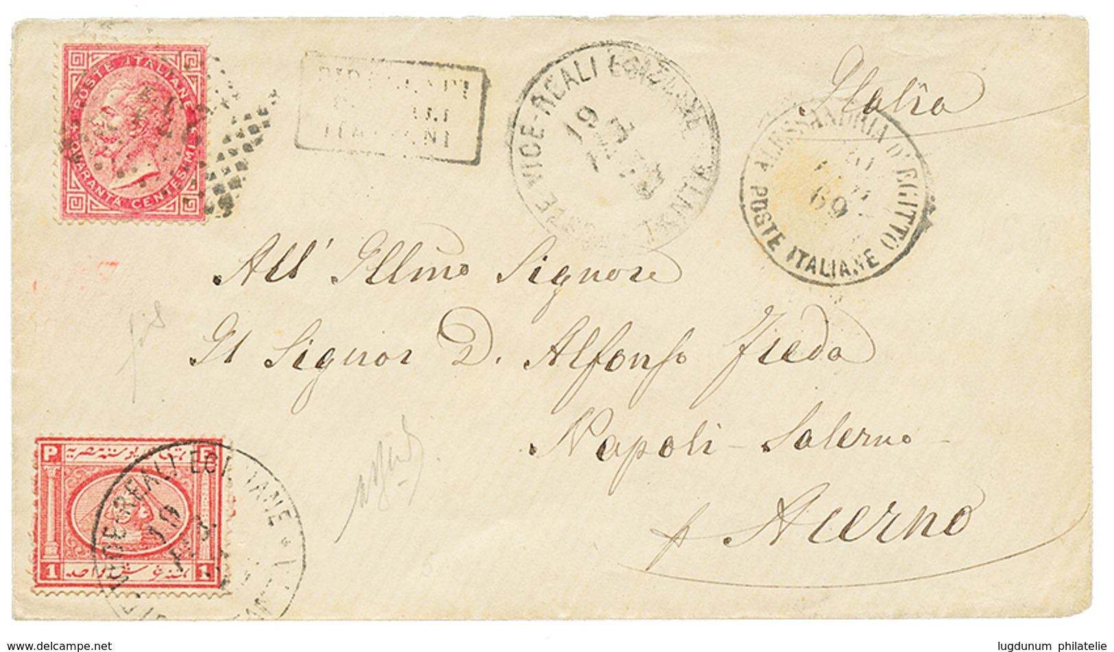 1189 1869 ITALY 20c Canc. 234 + ALLESSANDRIA + EGYPT 1P Canc. TANTA On Envelope To ITALY. Vvf. - Unclassified