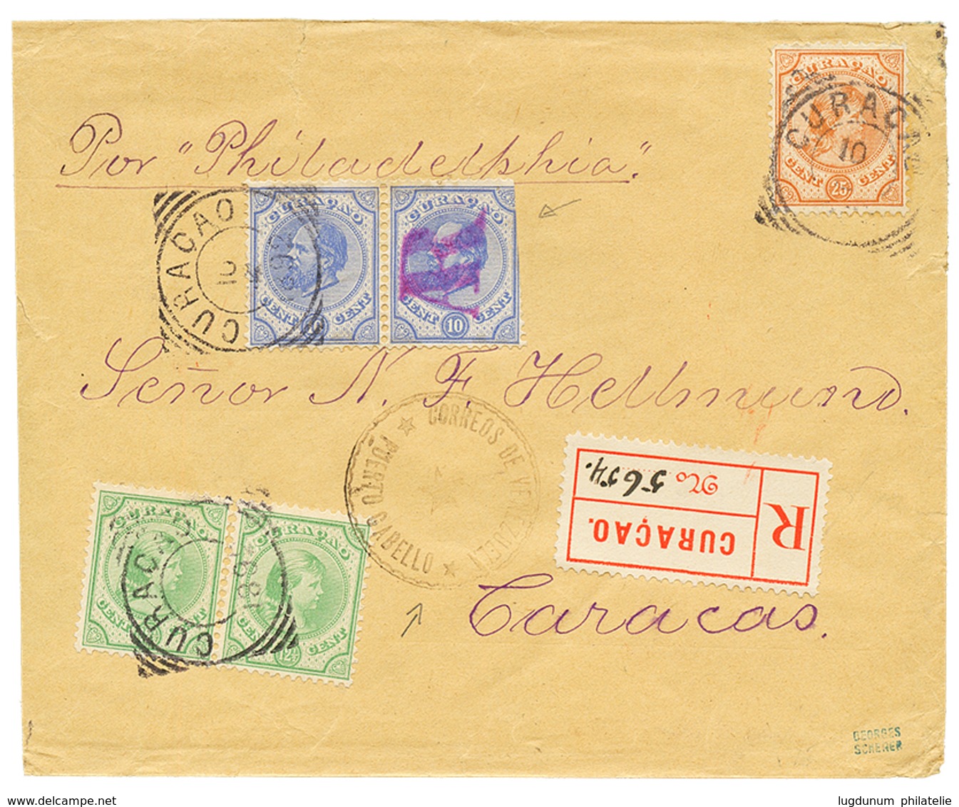 1195 CURACAO : 1892 25c + 12 1/2c(x2) + Pair 10c (cut At Right) Canc. CURACAO + A.R On REGISTERED Envelope To CARACAS (V - Andere & Zonder Classificatie