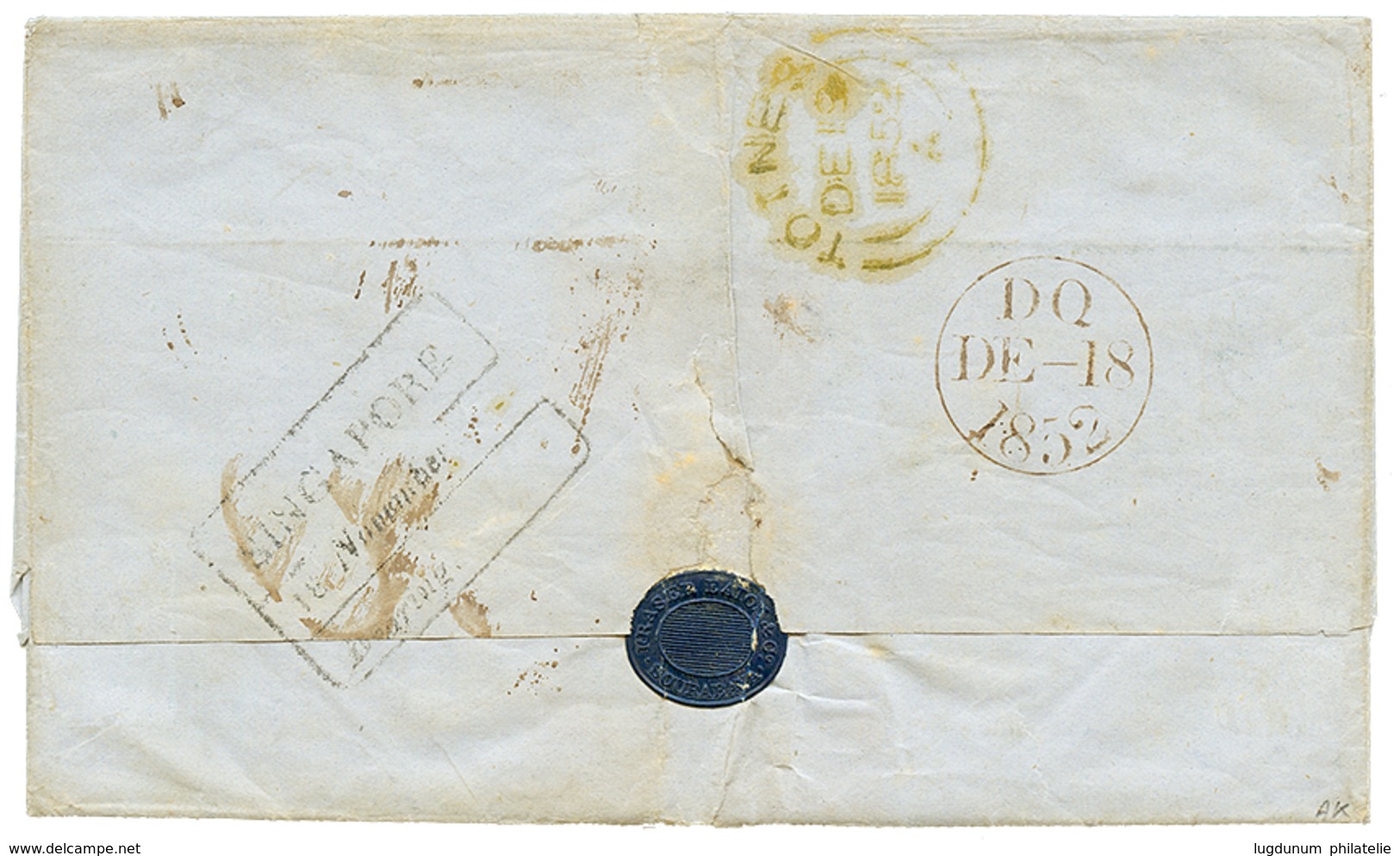 1198 NETHERLAND INDIES Via SINGAPORE To ENGLAND : 1852 SOURABAYA In Blue + "165" Tax Marking On Entire Letter To TOTNESD - Autres & Non Classés