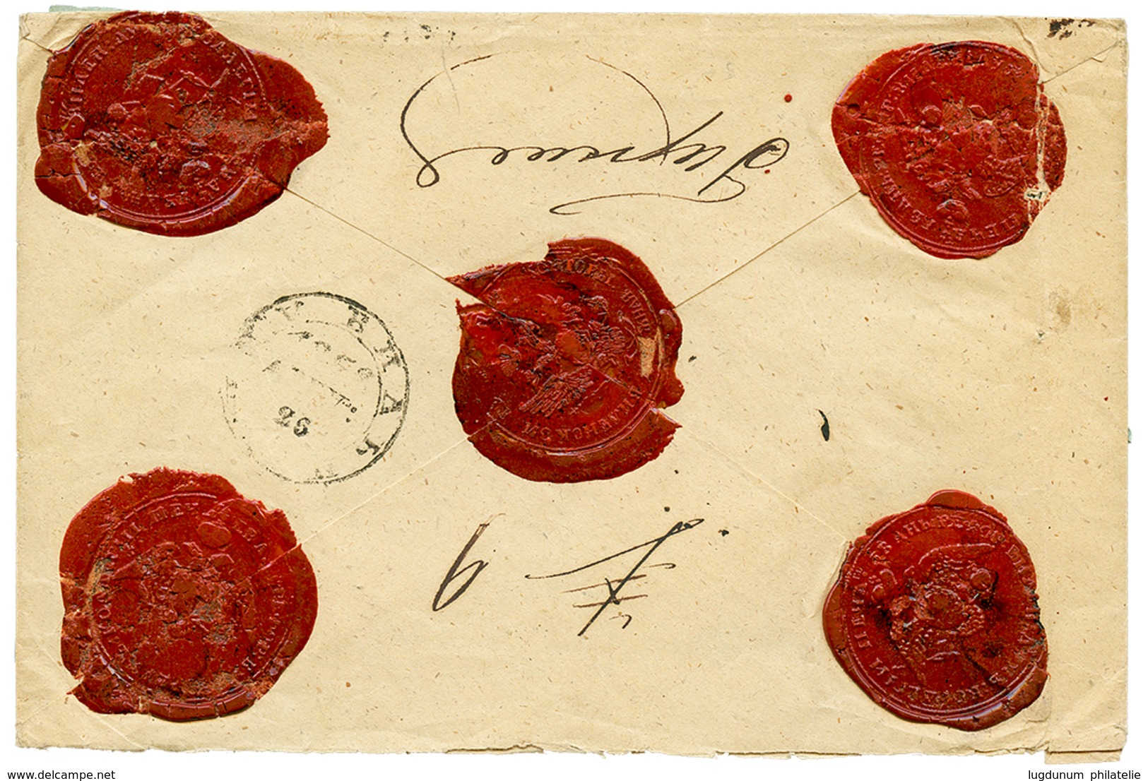 1201 POLAND : 1852 Registered Envelope With Blue Russian Label Canc. WARSZAWA In Red. Vvf. - Other & Unclassified