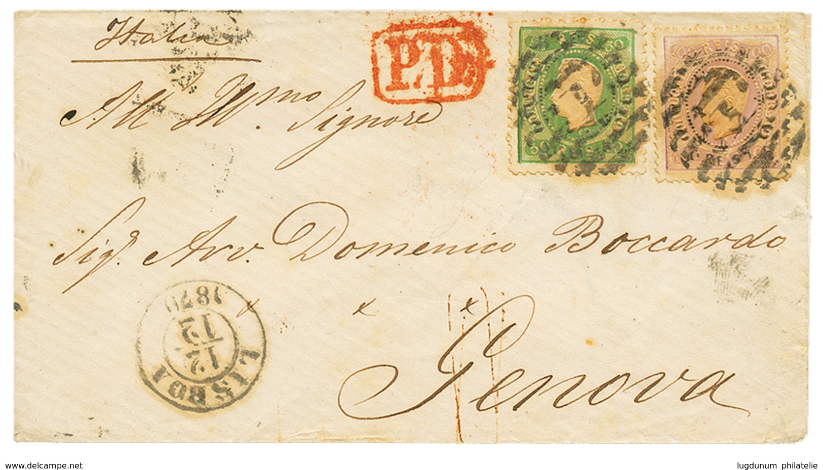 1202 1870 50R + 100R Canc. 1 + LISBOA On Envelope To GENOVA (ITALY). Vf. - Sonstige & Ohne Zuordnung