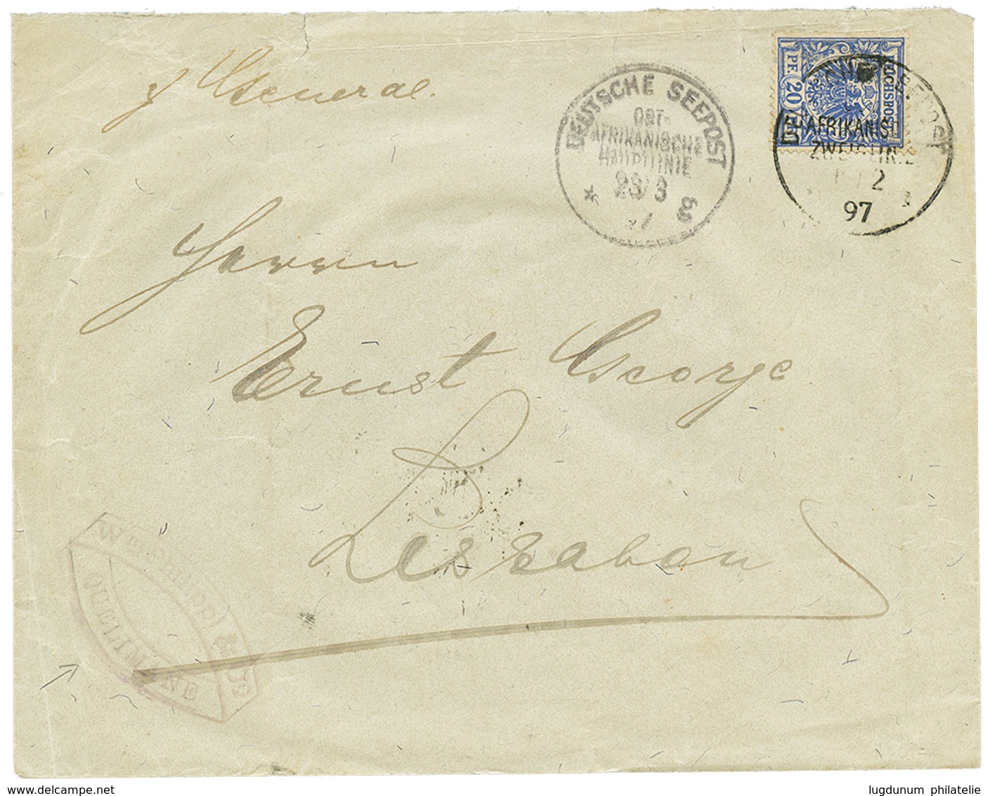 1206 MOZAMBIQUE - QUELIMANE : 1897 GERMANY 20pf Canc. DEUTSCHE SEEPOST AFRIKANISCHE HAUPTLINIE On Envelope From QUELIMAN - Other & Unclassified