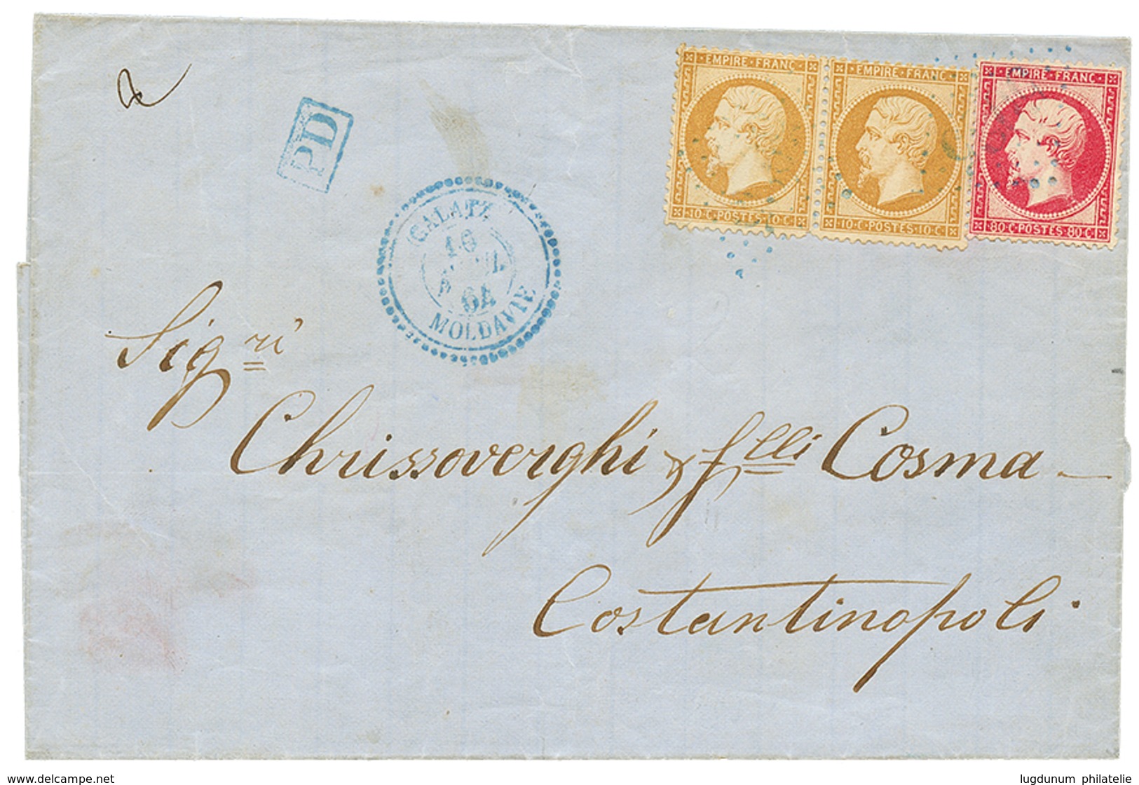 1208 ROMANIA - French P.O. : 1864 FRANCE 80c + Pair 10c Canc. GC 5085 + GALATZ MOLDAVIE In Blue On Cover To CONSTANTINOP - Other & Unclassified