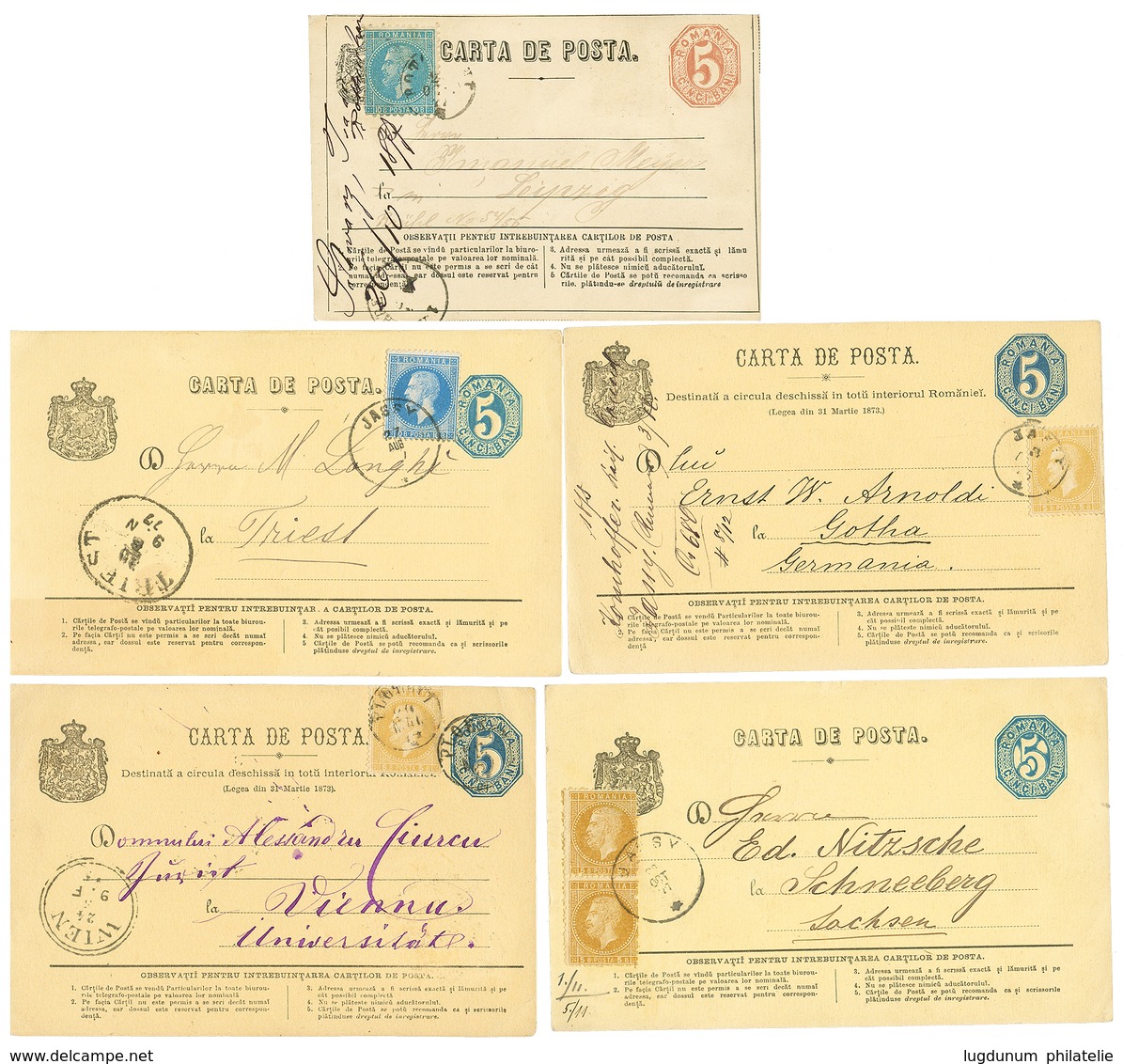 1210 1874/77 ROMANIA Superb Lot Of 5 P./Stationery Card With Nice Franking To AUSTRIA Or GERMANY. Vvf. - Autres & Non Classés