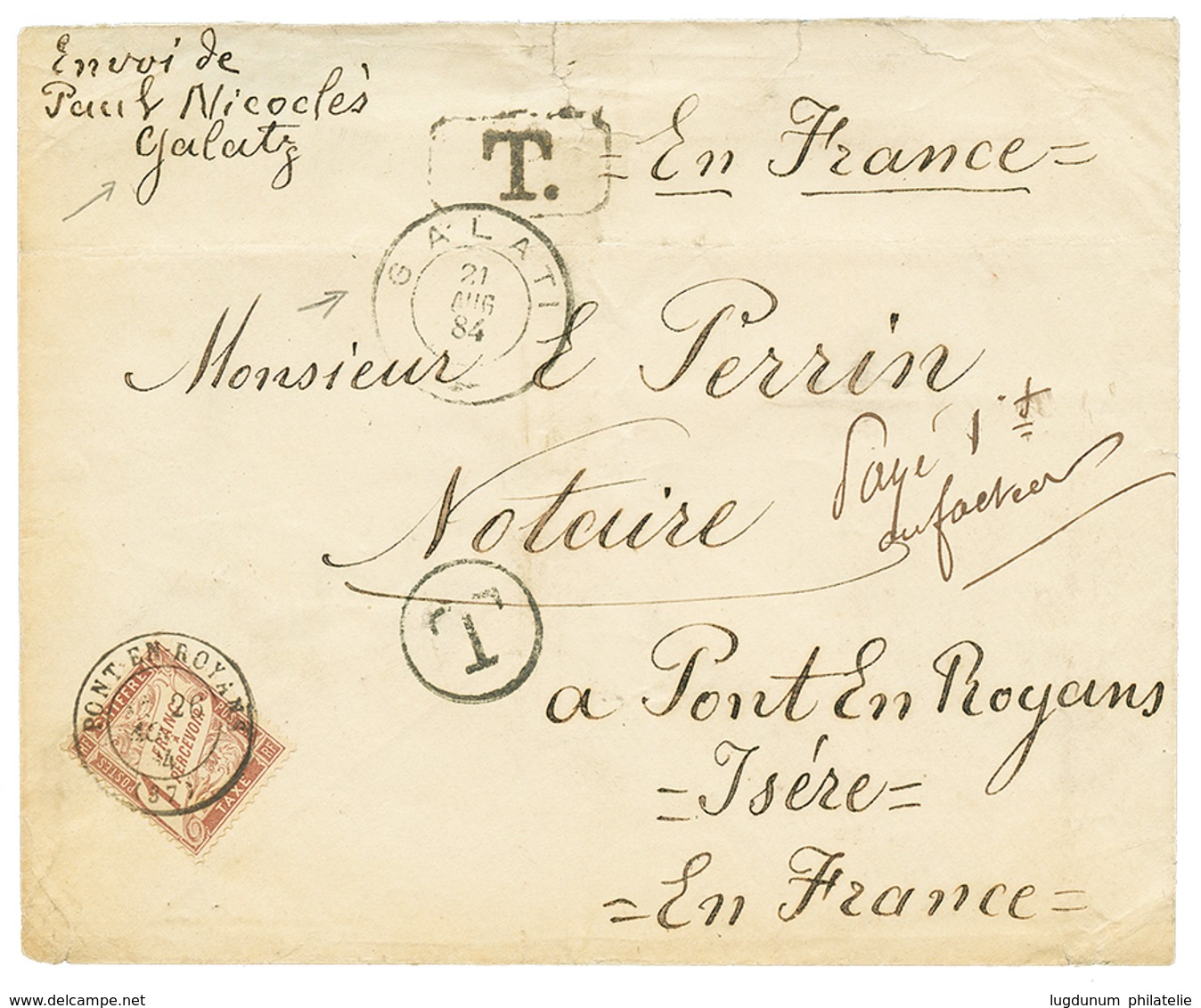 1212 "Used Of Rare 1 FRANC POSTAGE DUE On Cover From ROMANIA" : 1884 Unstamped Envelope From GALATZ Taxed On Arrival In  - Other & Unclassified