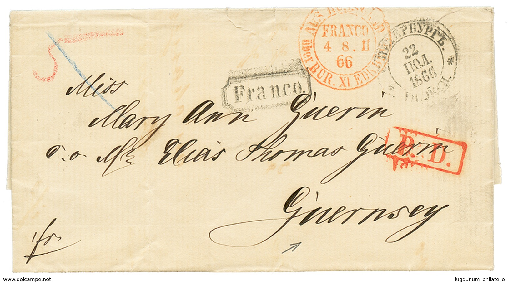 1217 "RUSSIA To GUERNESEY" : 1866 Entire Letter From ST PETERSBURG To GUERNESEY With Arrival Cds. Vvf. - Other & Unclassified