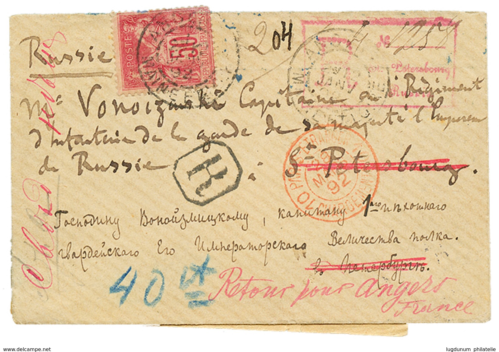 1222 1892 Tax Label On Reverse Of REGISTERED Cover From FRANCE To ST PETERSBURG (RUSSIA). Vf. - Other & Unclassified