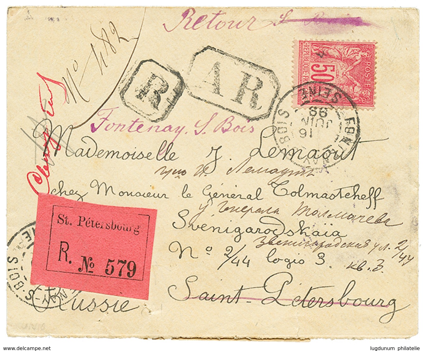 1225 1899 FRANCE 50c On REGISTERED Cover + A.R (AVIS De RECEPTION) To ST PETERSBURG Redirected With Red REGISTERED Label - Autres & Non Classés