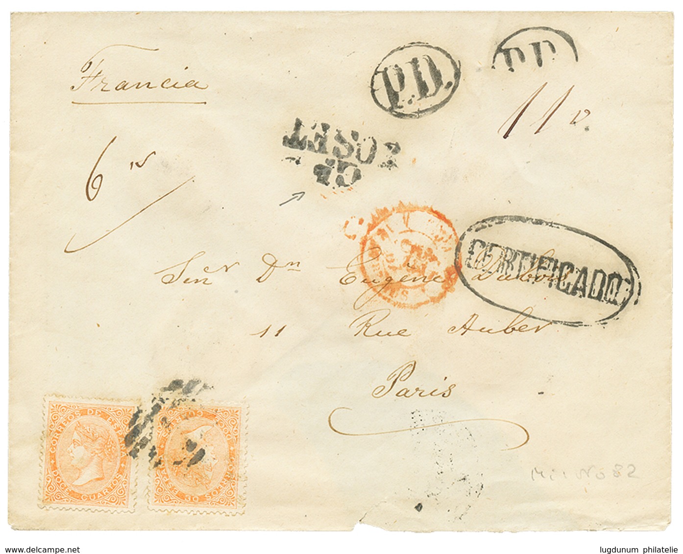 1228 SPAIN - REGISTERED : 10c(x2) + CERTIFICADO + Tax Marking On Envelope To FRANCE. Possibly Stamps Missing. Sold As Is - Other & Unclassified