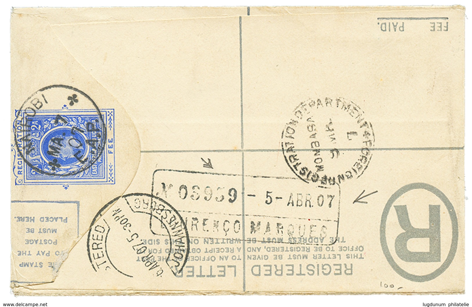 1238 "NAIROBI Via MOZAMBIQUE To TRANSVAAL" : 1907 Boxed REGISTERED Cachet LOURENCO MARQUES + BRITISH EAST AFRICA 1a(x2)  - Autres & Non Classés