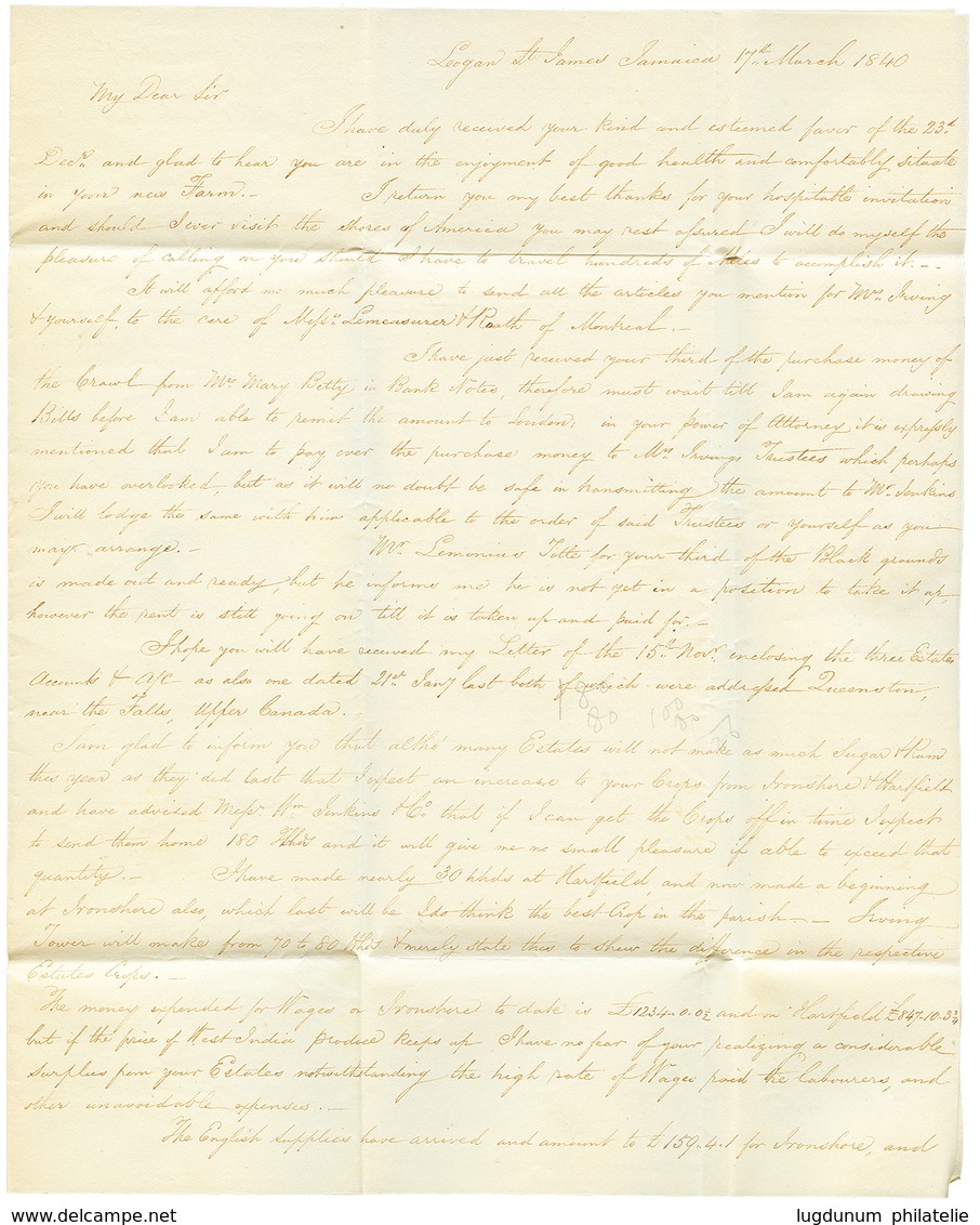 1240 1840 QUEENSTON U.C + NEW-YORK On Entire Letter "LEOGAN ST JAMES JAMAICA" To Upper CANADA. Vvf. - Other & Unclassified