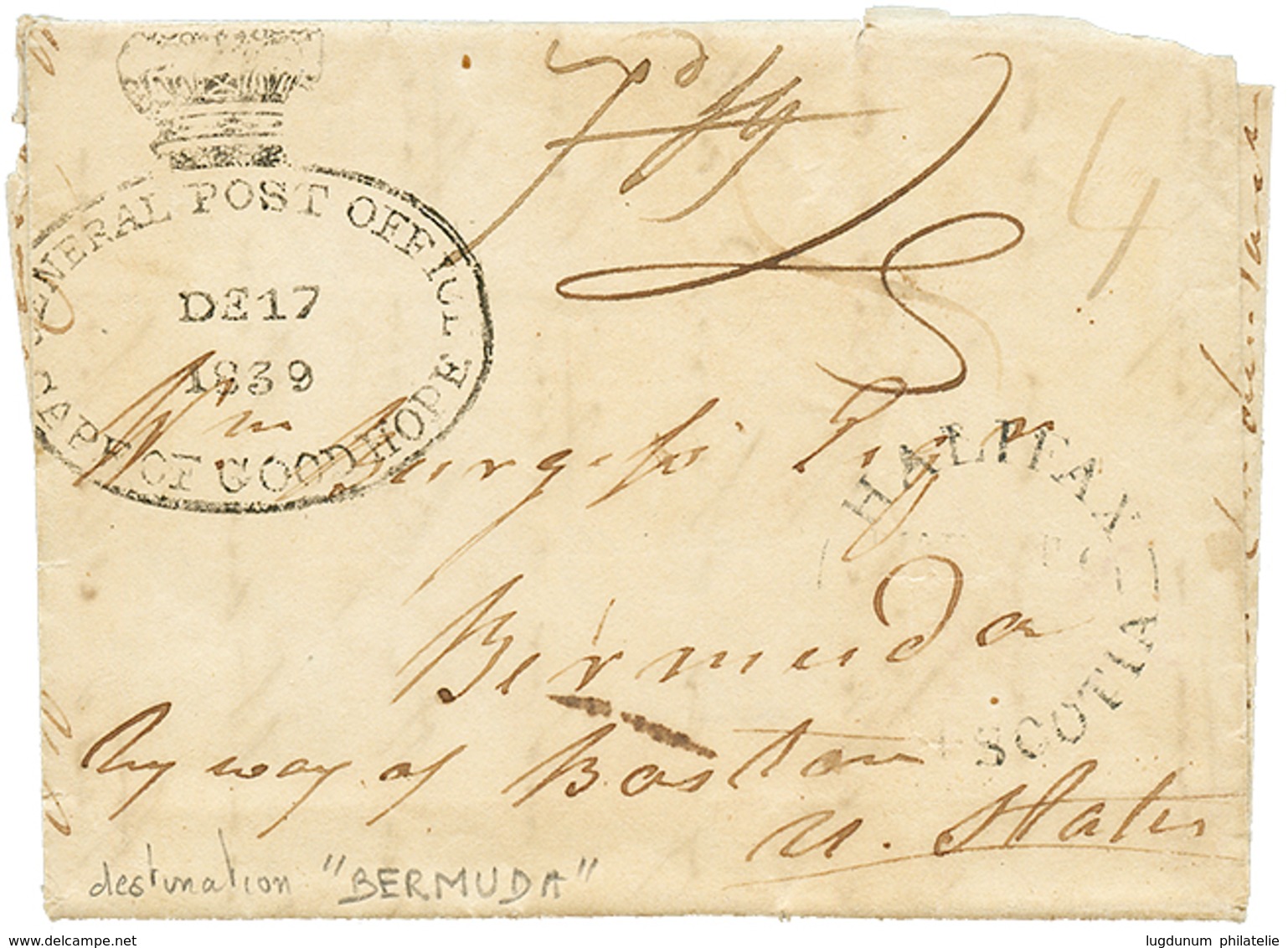 1241 "CAPE OF GOOD HOPE To BERMUDA" : 1839 GENERAL POST OFFICE CAPE OF GOOD HOPE + HALIFAX NOVA SCOTIA On Entire Letter  - Sonstige & Ohne Zuordnung