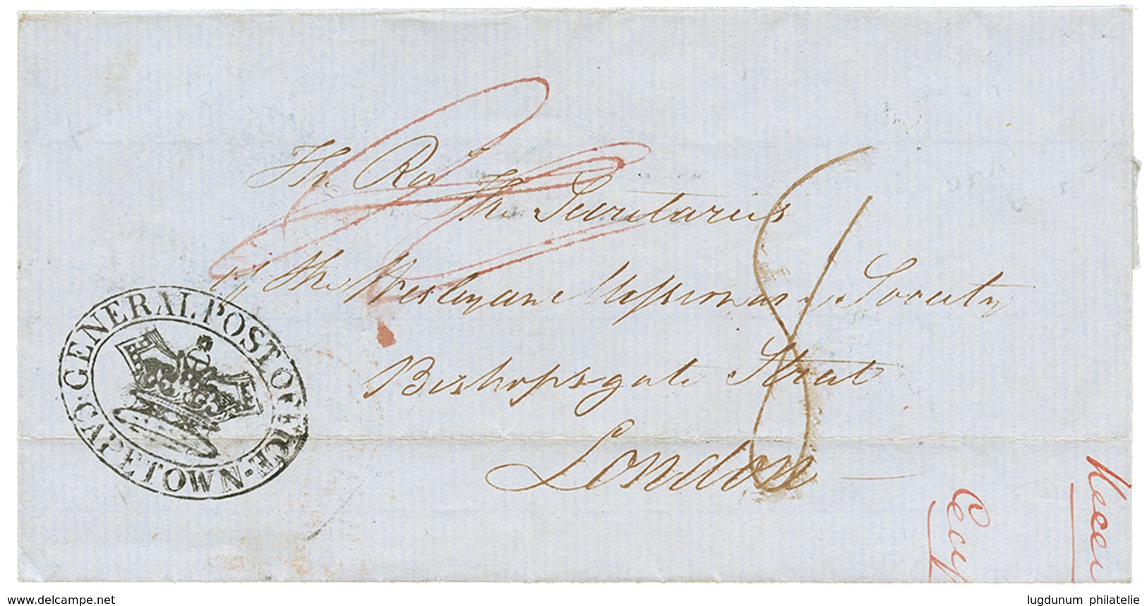 1242 1849 GENERAL POST OFFICE CAPETOWN + "8" Tax Marking On Entire From CAPETOWN To LONDON. Superb. - Other & Unclassified