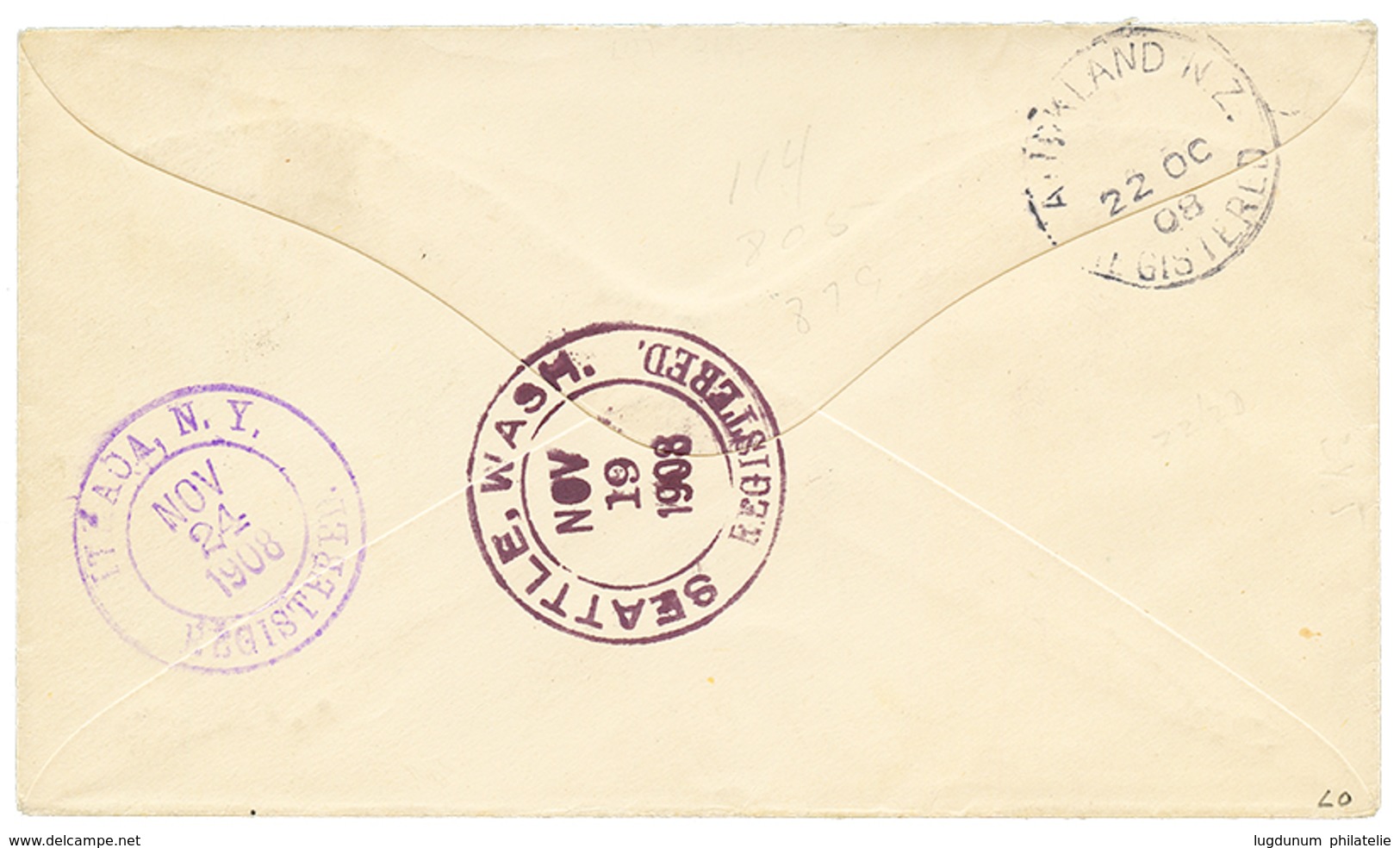 1244 COOK ISLANDS : 1908 1 SHILLING Red Canc. On REGISTERED Cover To NEW YORK-(USA). Rare Stamp On Cover. Vf. - Autres & Non Classés