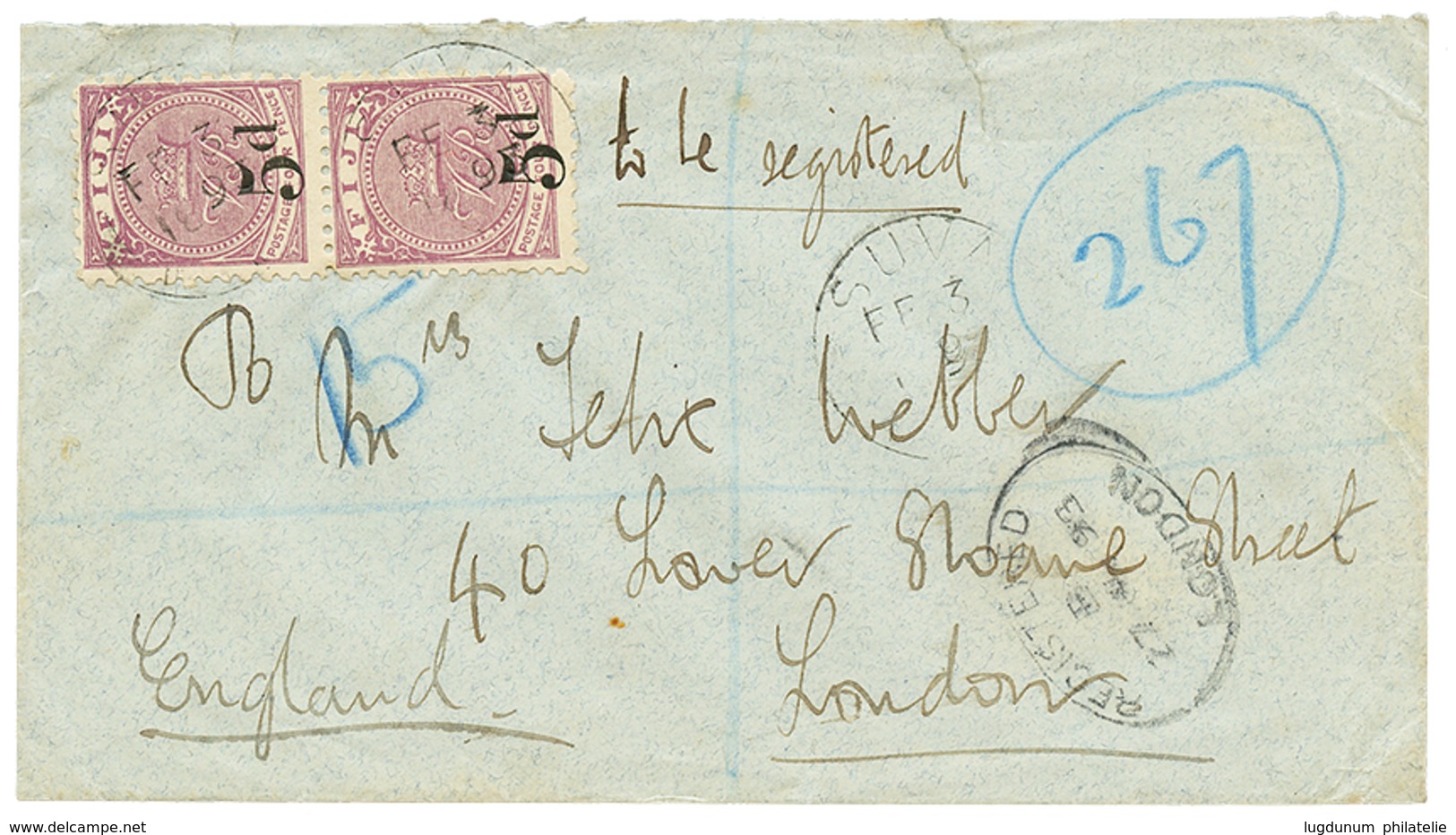 1253 1893 Provisional 5d On 4d(x2) Canc. SUVA On REGISTERED Envelope To ENGLAND. Rare. Vvf. - Fidschi-Inseln (...-1970)