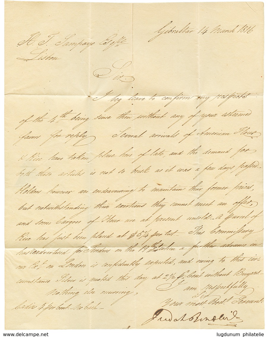 1254 1816 HESPANHA + "90" Tax + S.ROQUE ANDALUCIA BAXA On Entire Letter GIBRALTAR To PORTUGAL. Vvf. - Andere & Zonder Classificatie