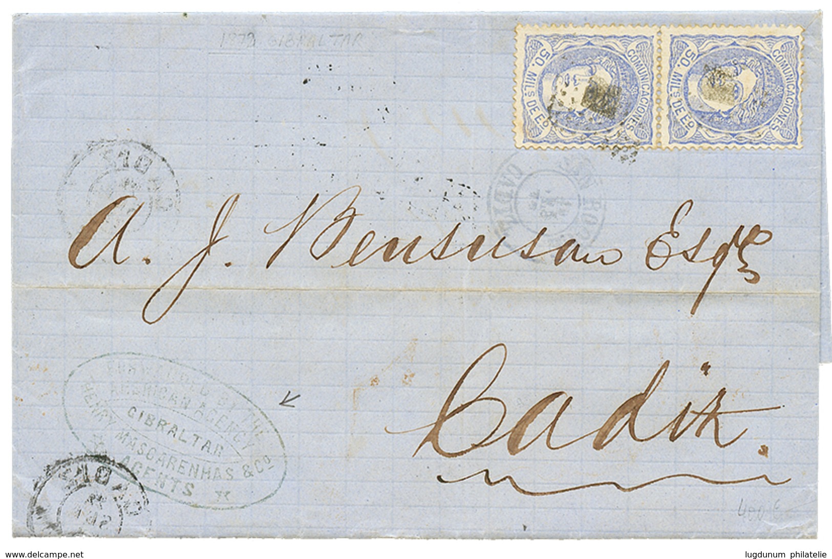 1261 1872 SPAIN 50m(x2) On Entire Letter From GIBRALTAR To CADIX(SPAIN). Vvf. - Sonstige & Ohne Zuordnung