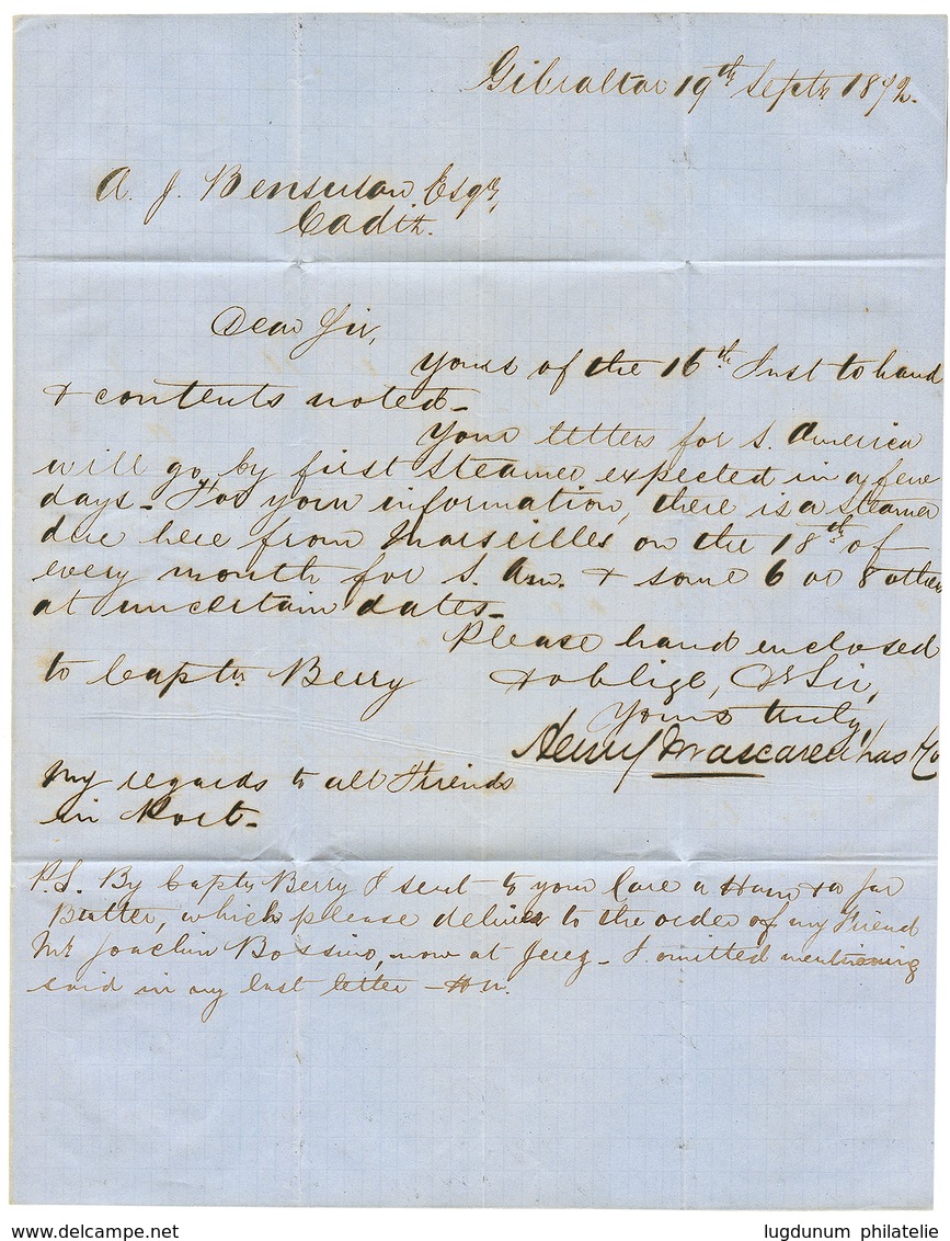 1261 1872 SPAIN 50m(x2) On Entire Letter From GIBRALTAR To CADIX(SPAIN). Vvf. - Autres & Non Classés