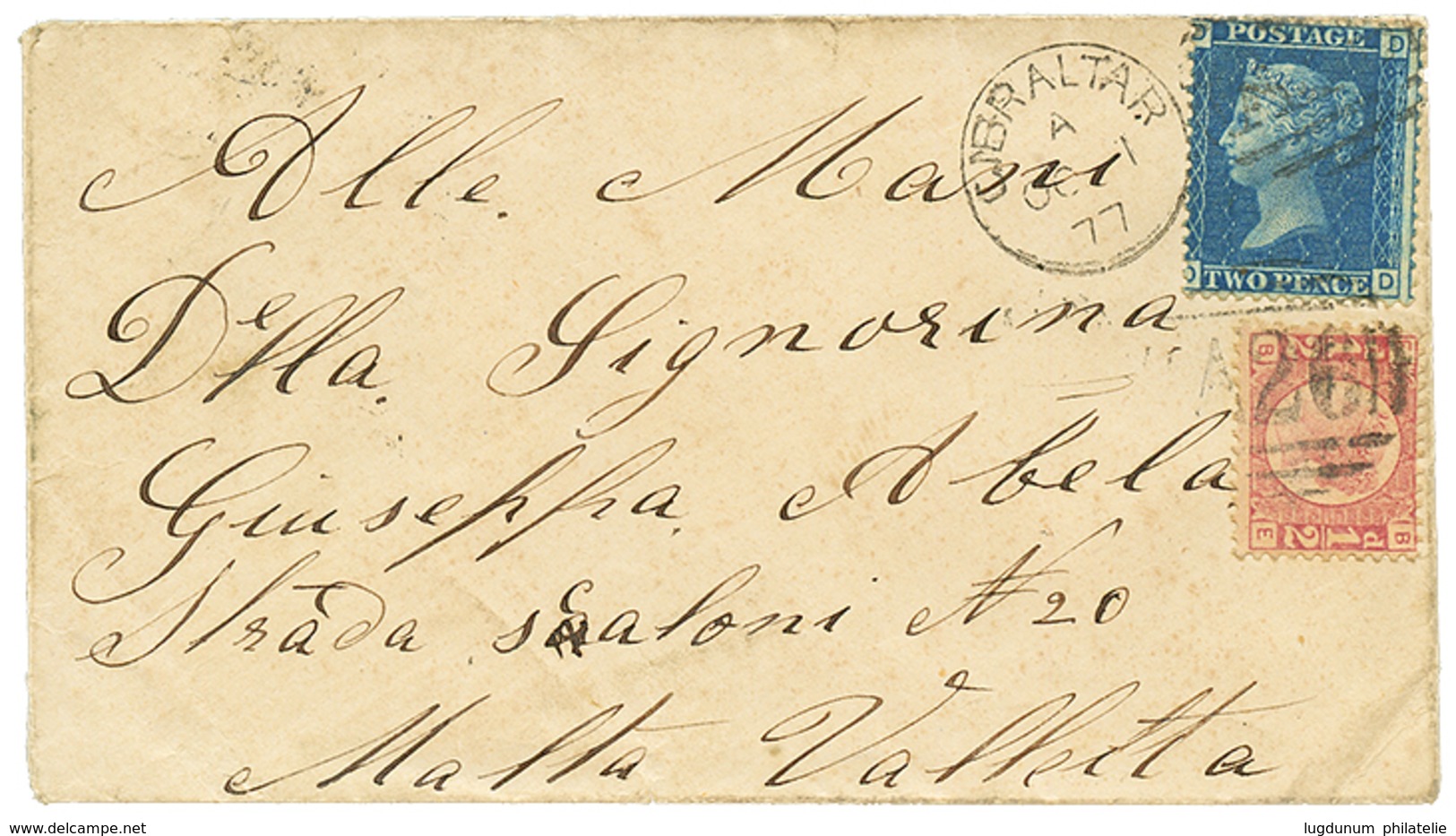 1264 1877 1/2d + 2d Canc. A26 + GIBRALTAR On Envelope To VALETTA, MALTA. Vvf. - Sonstige & Ohne Zuordnung