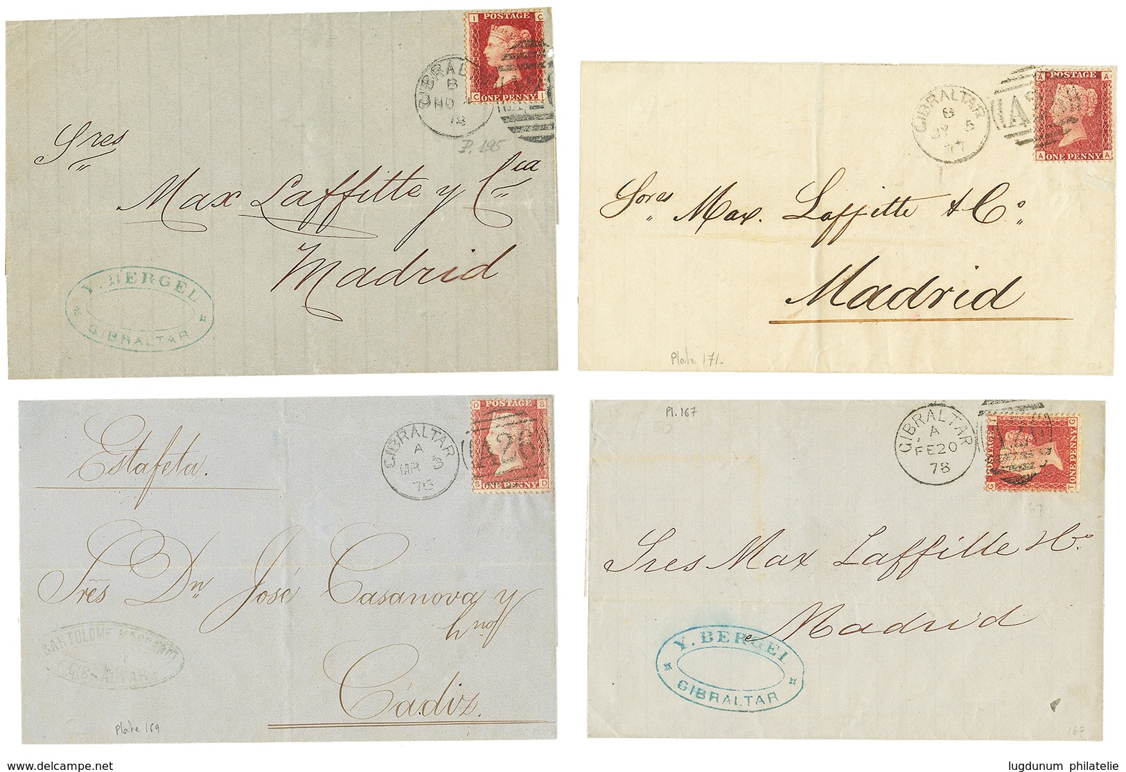 1265 1876/78 Lot 4 Covers With GB 1 Penny Canc. A26 + GIBRALTAR To SPAIN. Superb. - Sonstige & Ohne Zuordnung