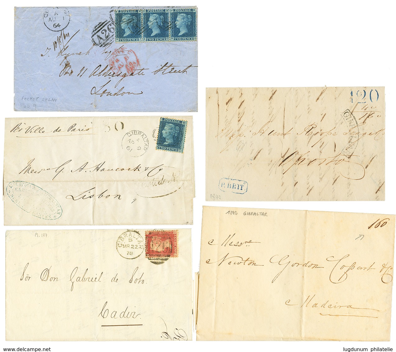 1268 1842/78 Superb Lot Of 5 Covers (GB 2d Strip Of 3, 2d + 80 Tax Marking ....). Vf. - Other & Unclassified