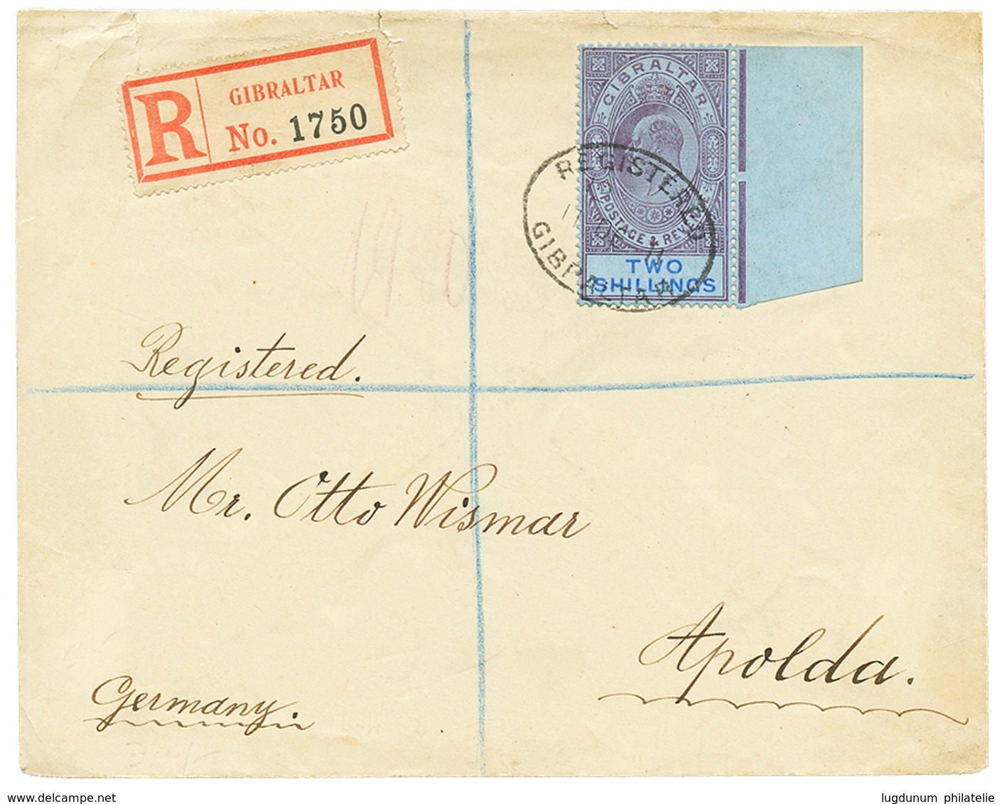 1272 1911 2 SHILLING Canc. REGISTERED GIBRALTAR On REGISTERED Envelope To GERMANY. Vvf. - Autres & Non Classés