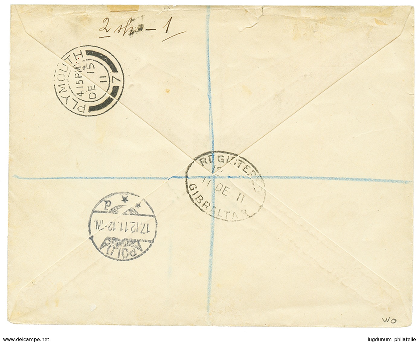 1272 1911 2 SHILLING Canc. REGISTERED GIBRALTAR On REGISTERED Envelope To GERMANY. Vvf. - Sonstige & Ohne Zuordnung