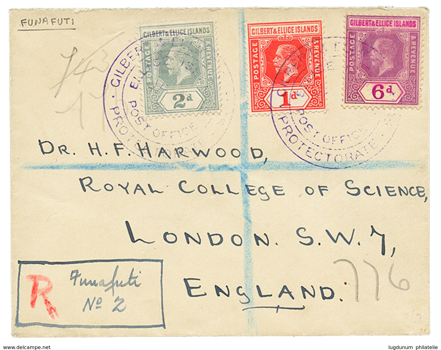 1276 GILBERT & ELLICE : 1918 1d+ 2d+ 6d On REGISTERED Envelope From FUNAFUTI To ENGLAND. Scarce. Vvf. - Autres & Non Classés