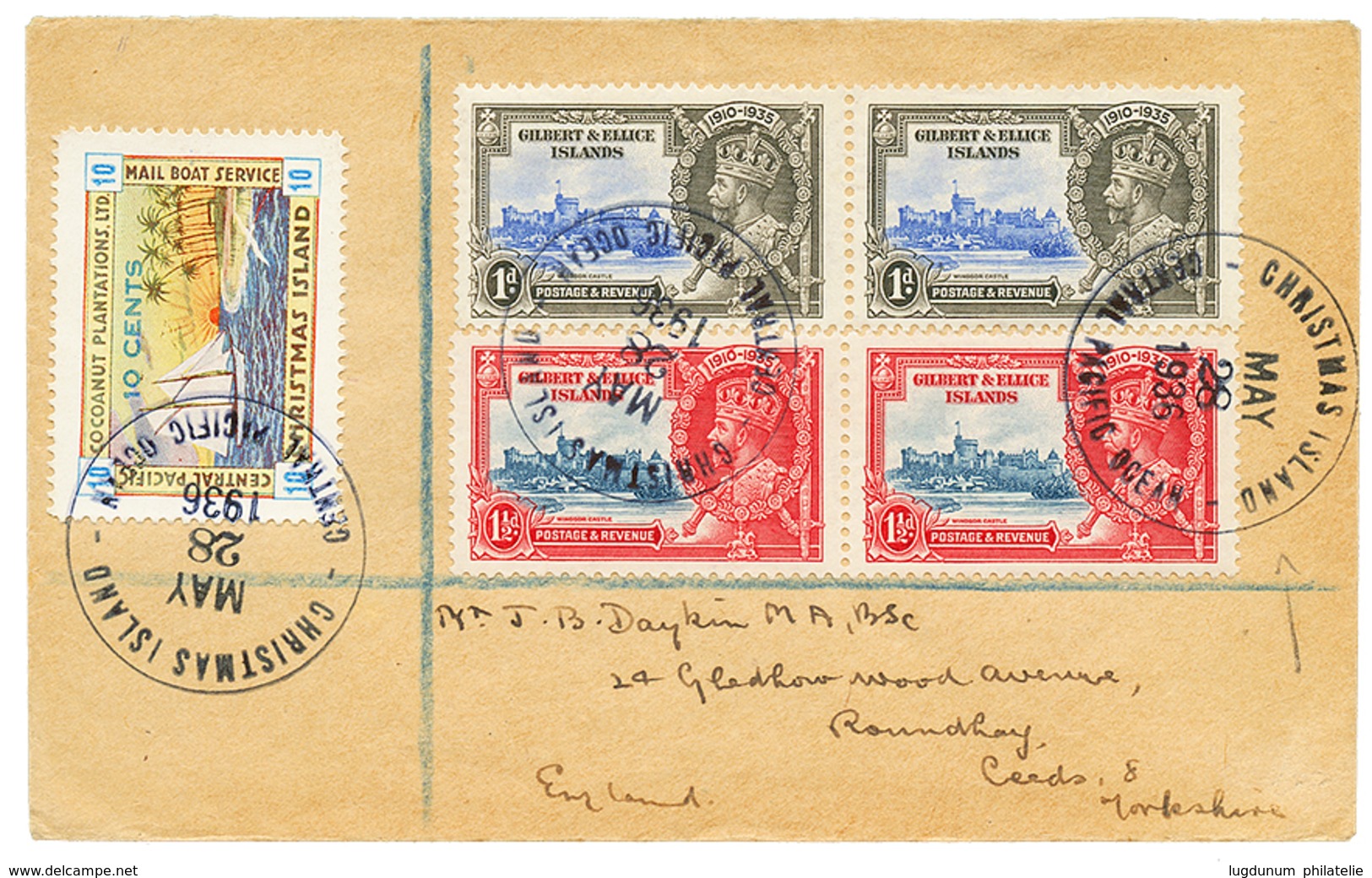 1278 1936 GILBERT 1d(x2) + 1 1/2d(x2) + CHRISTMAS ISLAND 10c Canc. On Envelope To ENGLAND. Superb. - Sonstige & Ohne Zuordnung