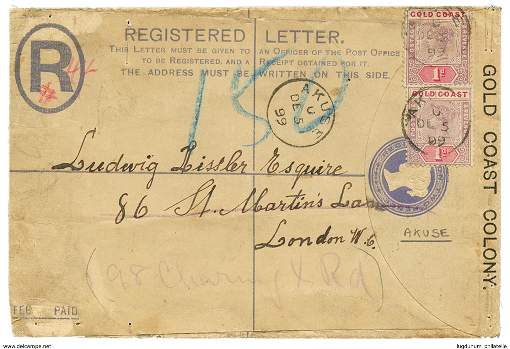 1285 "AKUSE" : 1899 1d(x2) Canc. AKUSE On REGISTERED-LETTER(2d) To LONDON. Vf. - Côte D'Or (...-1957)