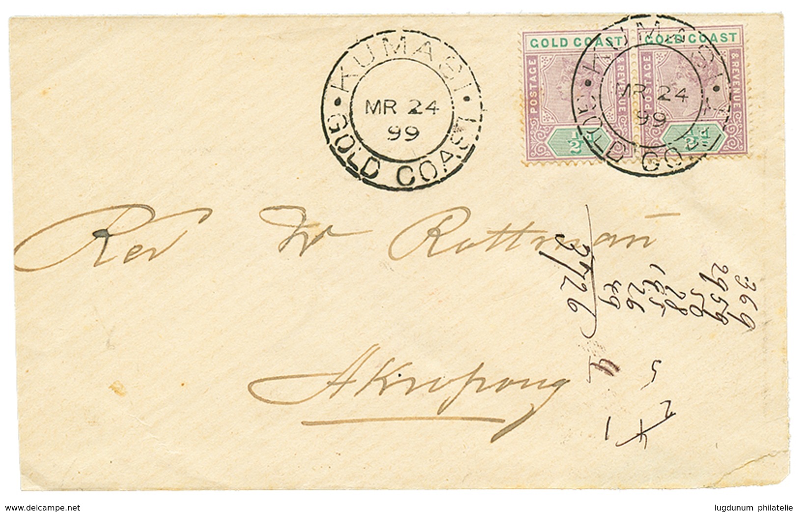 1286 "KUMASI" : 1899 1/2d(x2) Canc. KUMASI On Envelope To AKROPONG. Superb. - Goudkust (...-1957)