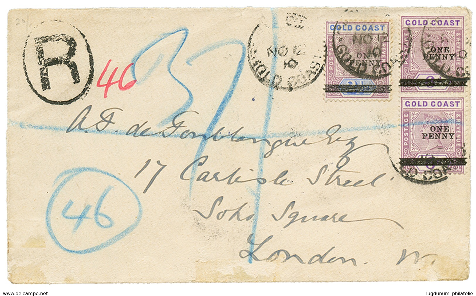 1288 PROVISIONAL ISSUES : 1901 ONE PENNY On 2 1/2d(SG N°35) + ONE PENNY On 6d(n°36)x2 On REGISTERED Cover To LONDON. Ver - Côte D'Or (...-1957)