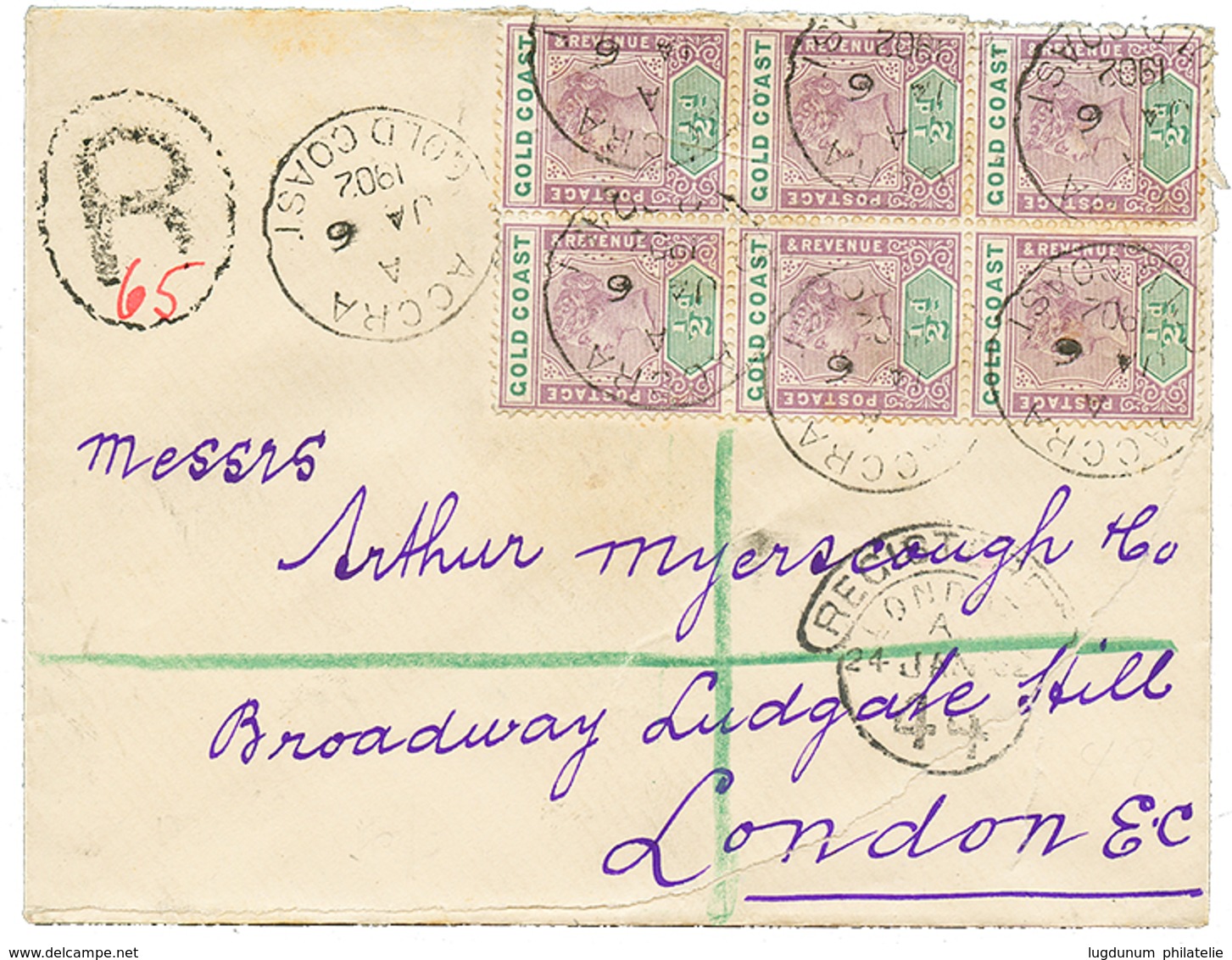 1291 1902 1/2d Block Of 6 Canc. ACCRA On REGISTERED Envelope To ENGLAND. Superb. - Gold Coast (...-1957)