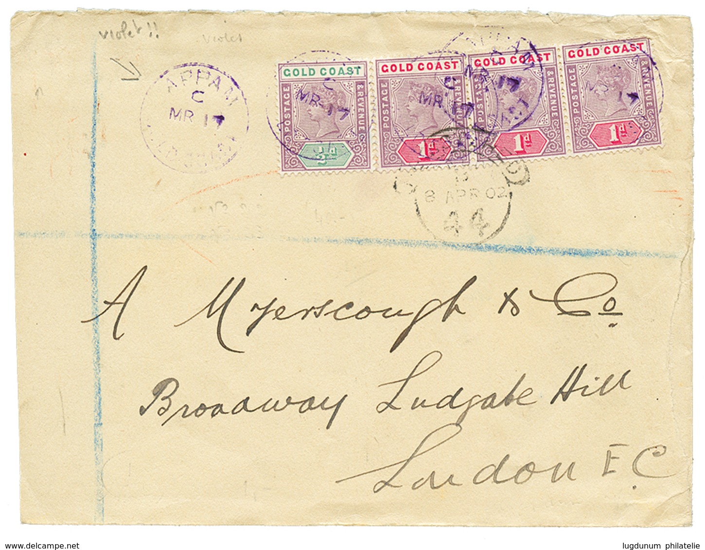 1292 "APPAM In Blue" : 1902 1/2d + 1d(x3) Canc. APPAM GOLD COAST In Blue-violet (scarce) On Cover To LONDON. Vf. - Gold Coast (...-1957)